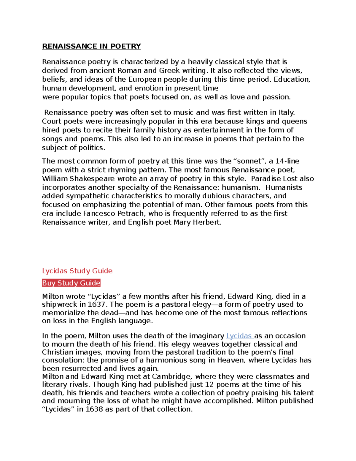 Document (9) important poems - RENAISSANCE IN POETRY Renaissance poetry ...