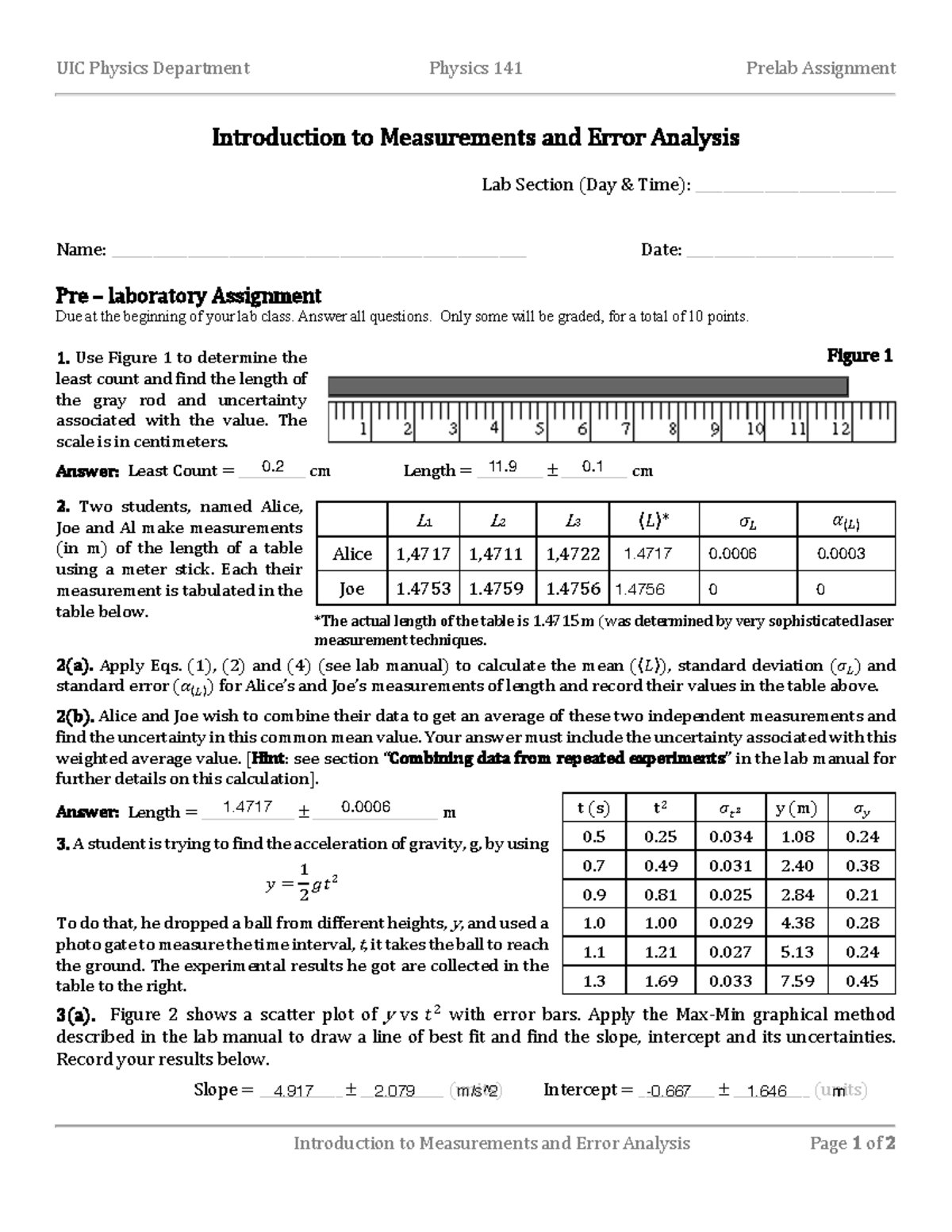 PHYS141 Prelab 1 UIC Physics Department Physics 141 Prelab