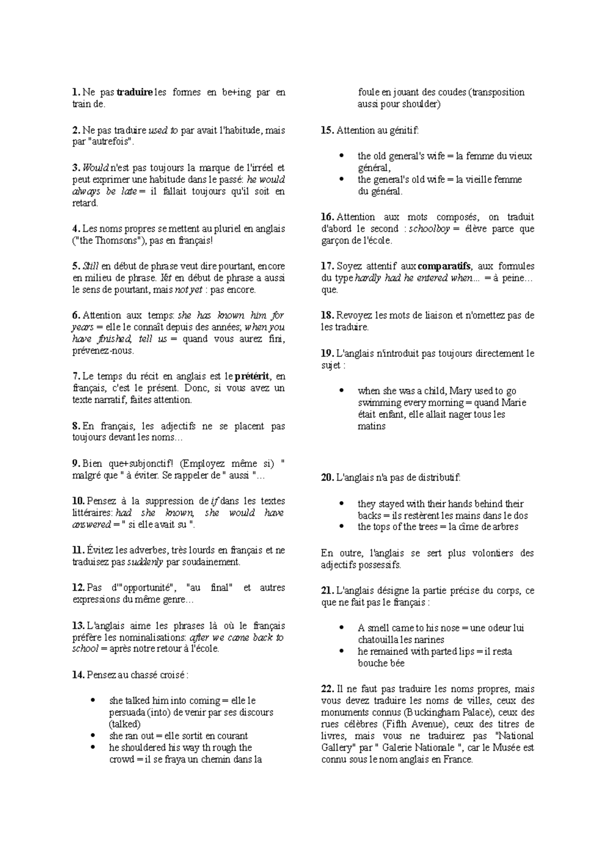 Fiche dernier moment pour la version 1. Ne pas traduire les formes en