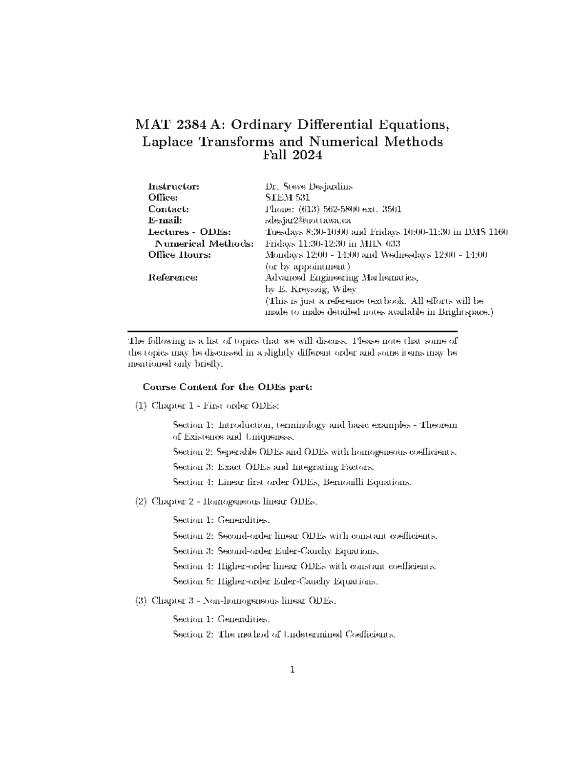 2384AFall 2024Out - practice material - MAT 2384 A: Ordinary Di ...
