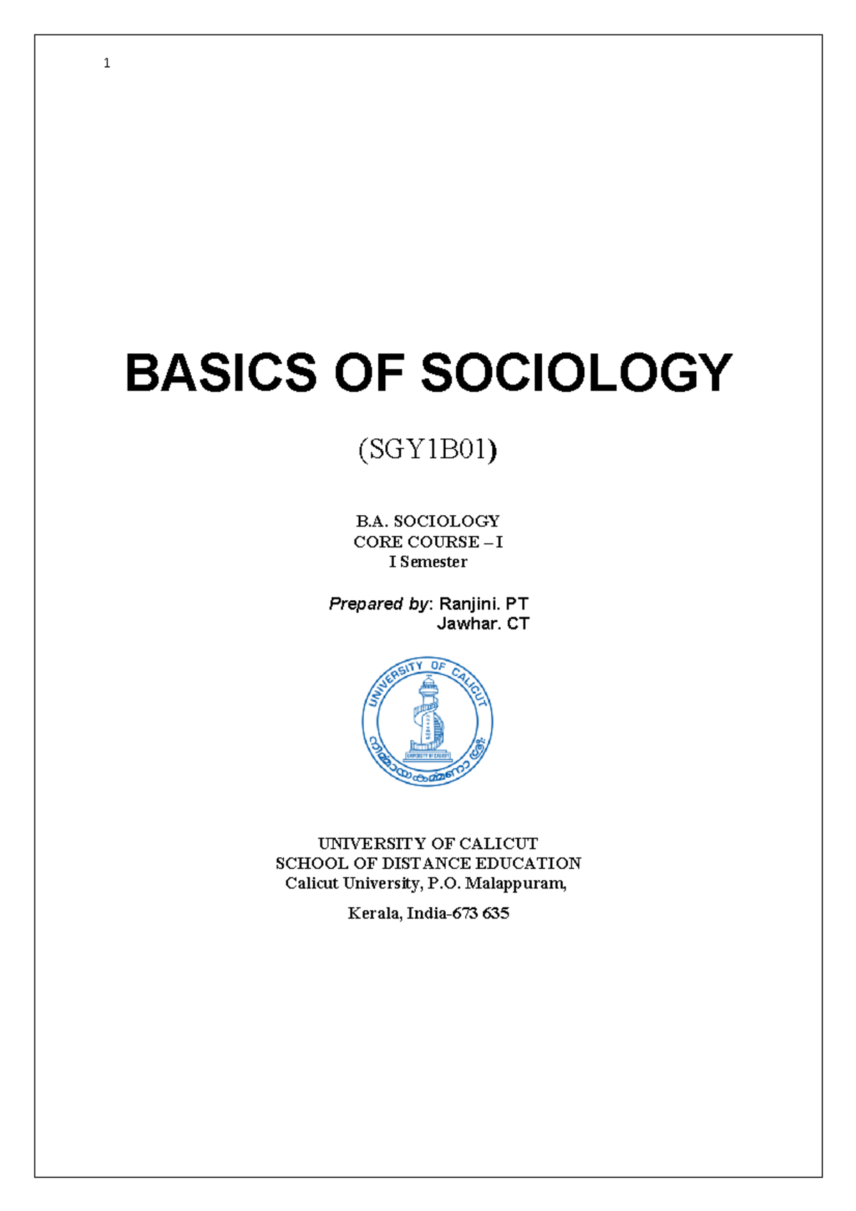 Basics Of Sociology - BASICS OF SOCIOLOGY (SGY1B01) B. SOCIOLOGY CORE ...