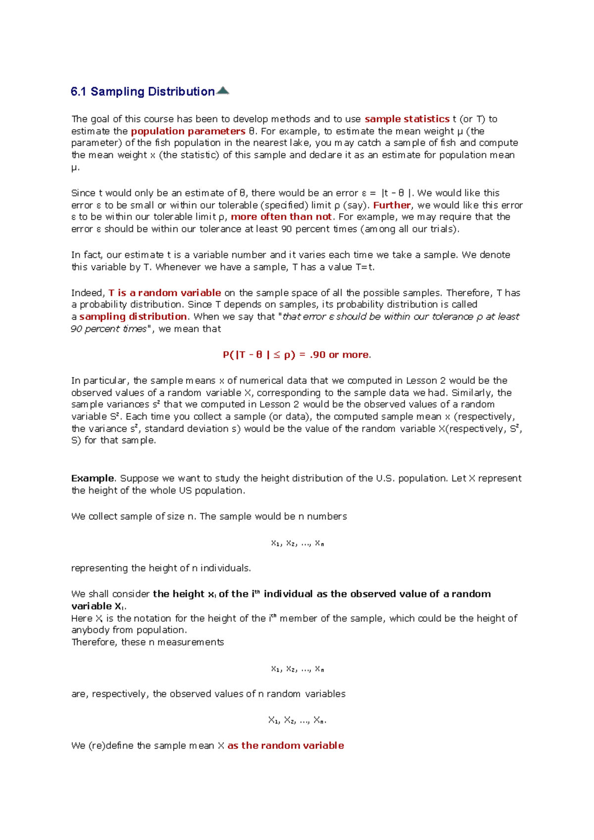 Lecture notes, lecture 6 - 6 Sampling Distribution The goal of this ...
