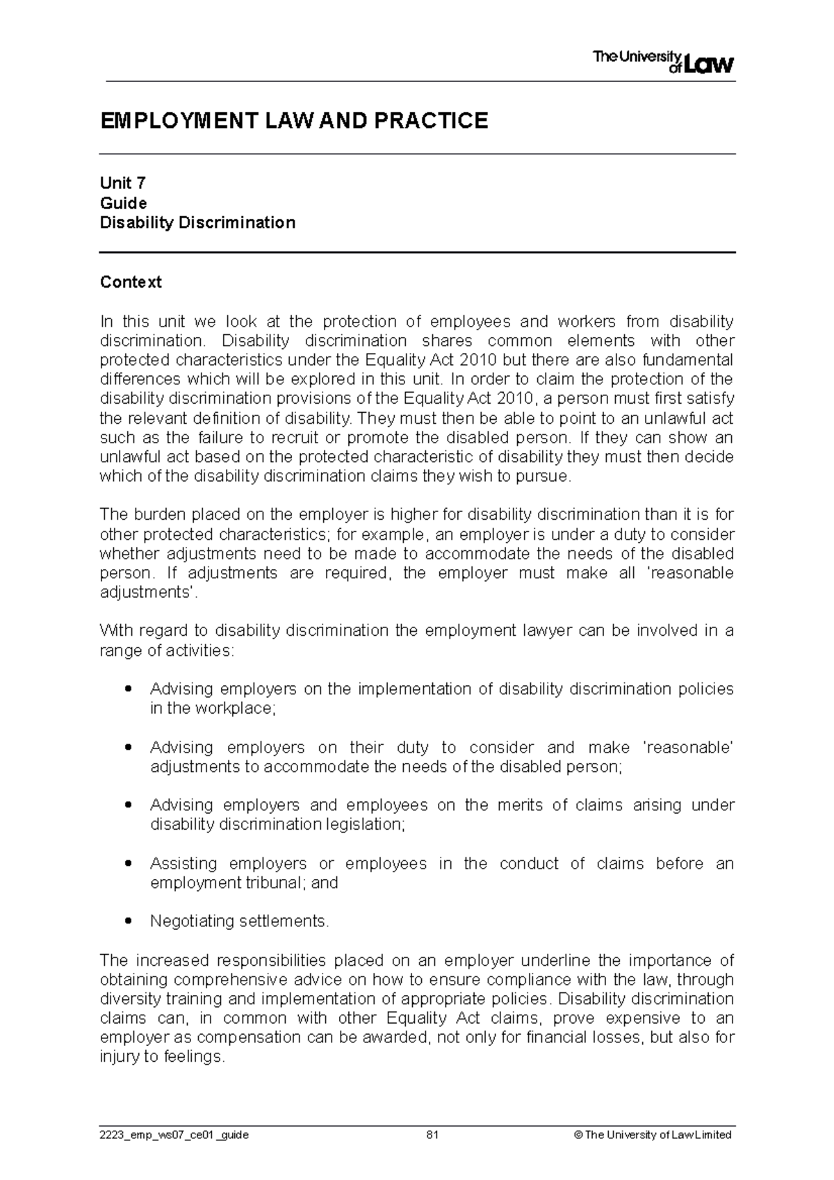 2223 emp ws07 ce01 guide - EMPLOYMENT LAW AND PRACTICE Unit 7 Guide ...