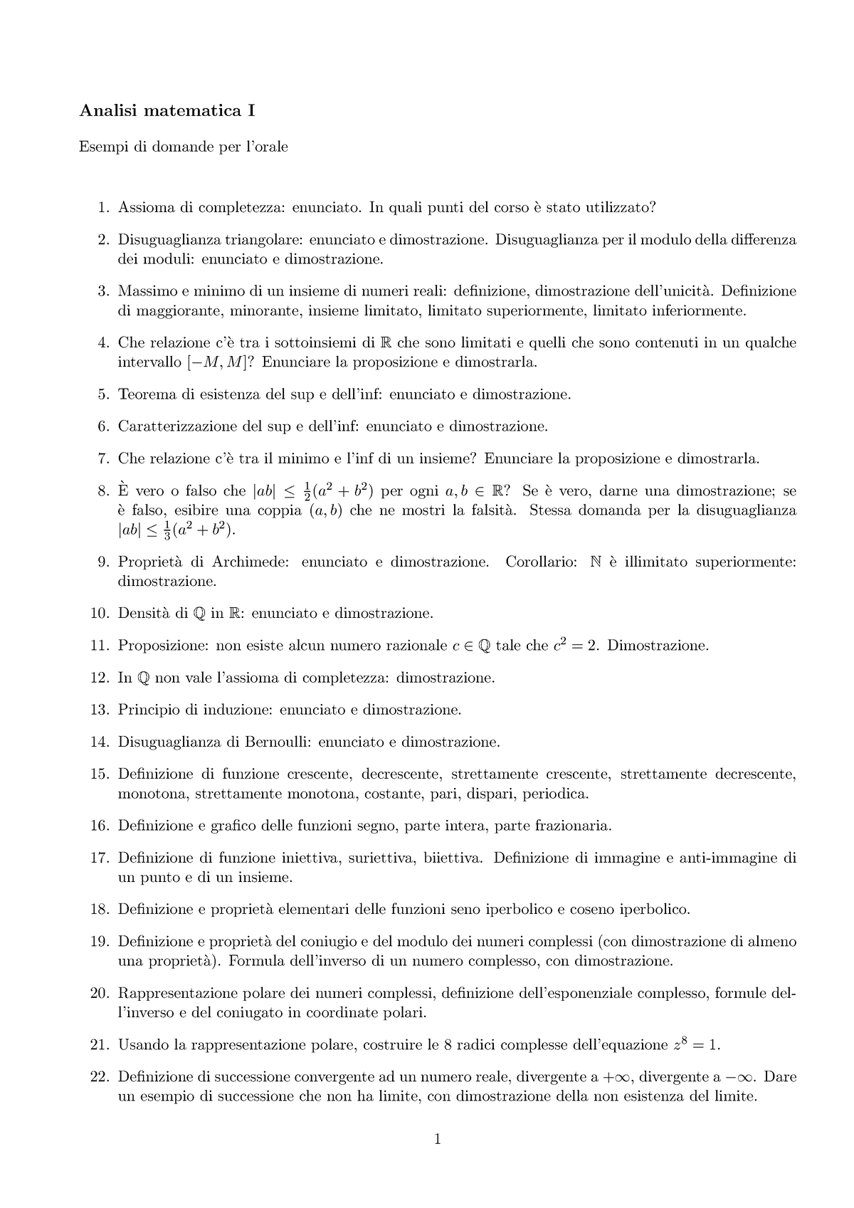 Domande Programma Analisi 1 Analisi Matematica I Esempi Di Domande