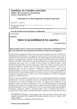 Simulacro 1 Segundo Parcial - Taller De Lectura Y Escritura Simulacro 1 ...