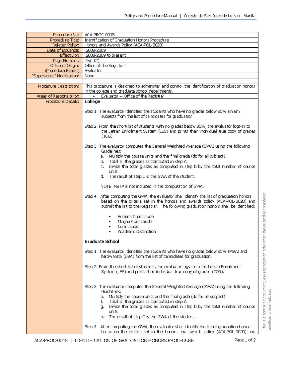 Aca - proc - 0015 - identification of graduation honors procedure ...