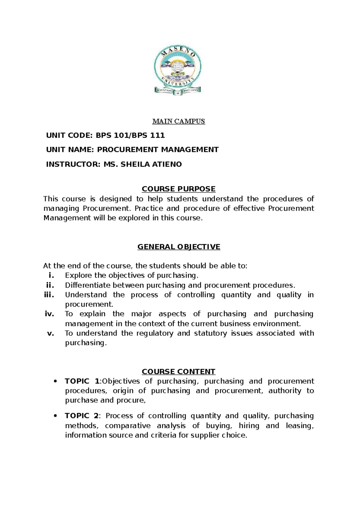 BPS 111 - CLEAR - MAIN CAMPUS UNIT CODE: BPS 101/BPS 111 UNIT NAME ...