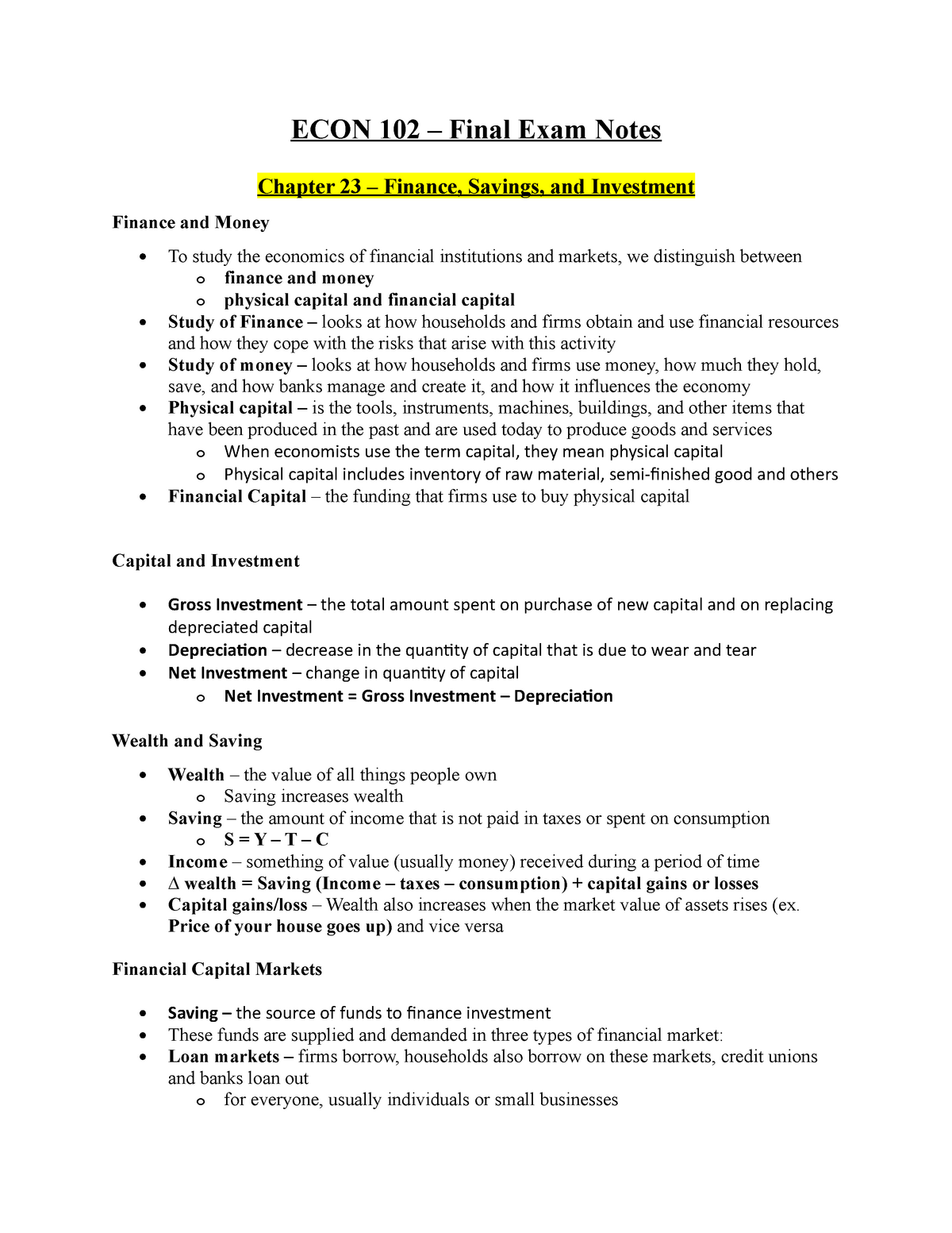 ECON 102 – Final Exam Notes - Econ 102 - Intro to Macroeconomics 