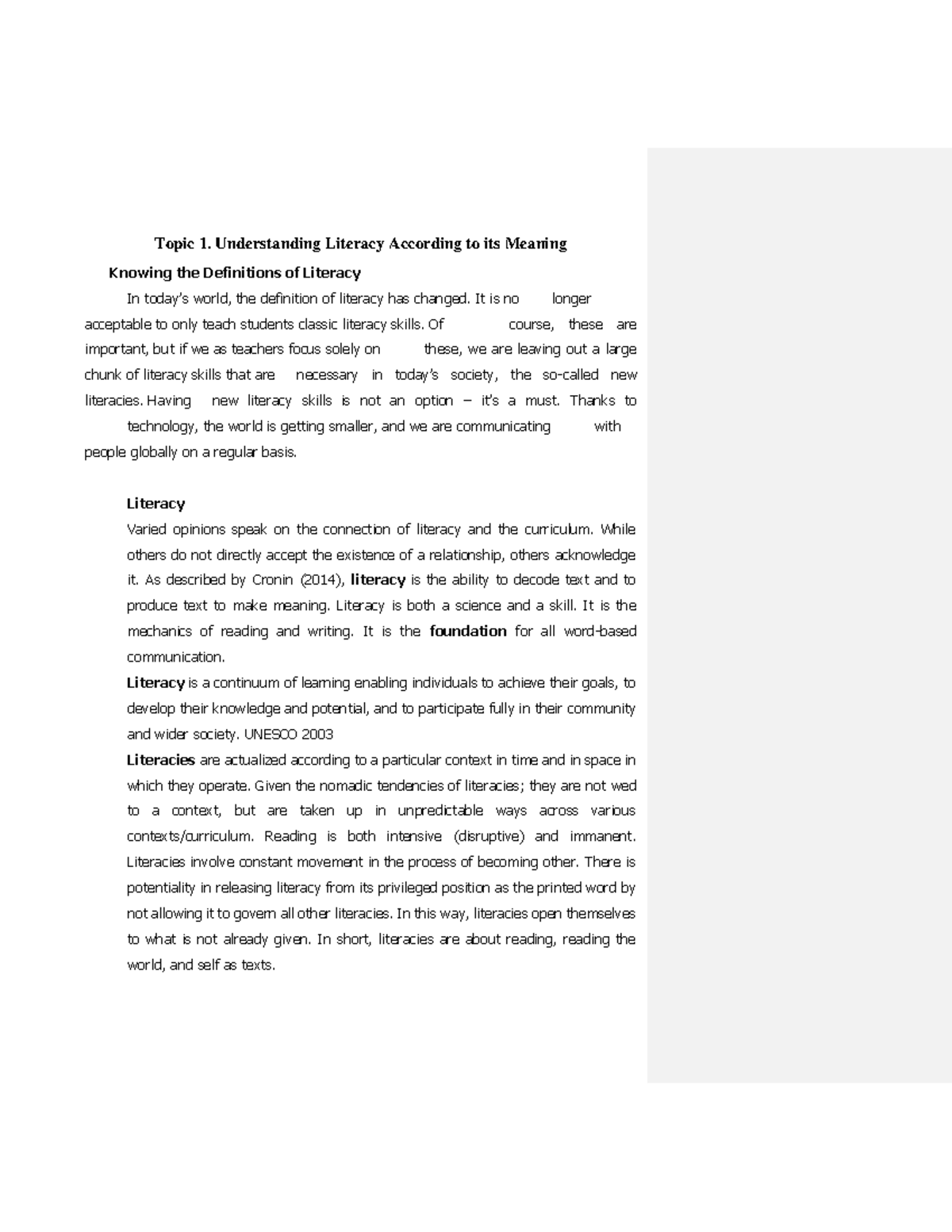 Topic 1 - lecture notes - Topic 1. Understanding Literacy According to ...