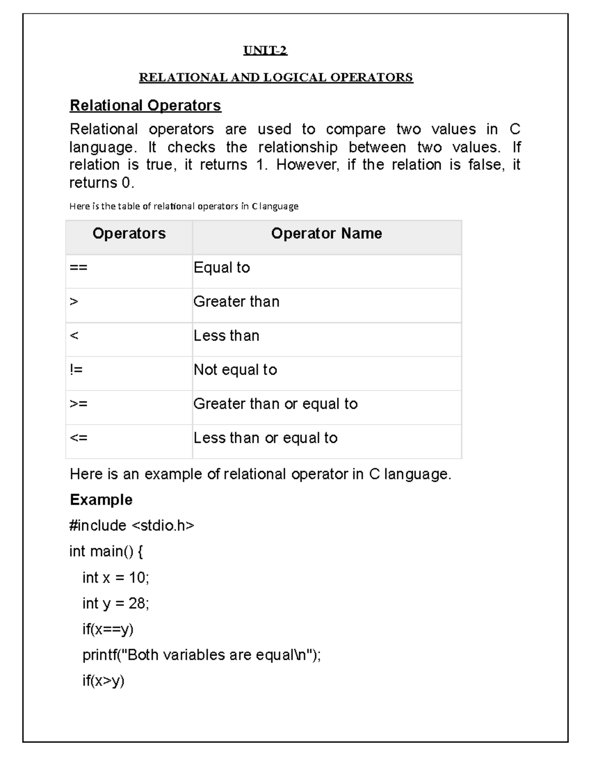 1. Relational Operators - UNIT- RELATIONAL AND LOGICAL OPERATORS ...