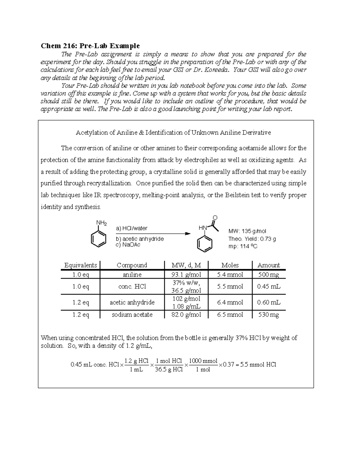 Pre-Lab Example - Helpful Practice - Chem 216: Pre-Lab Example The Pre ...