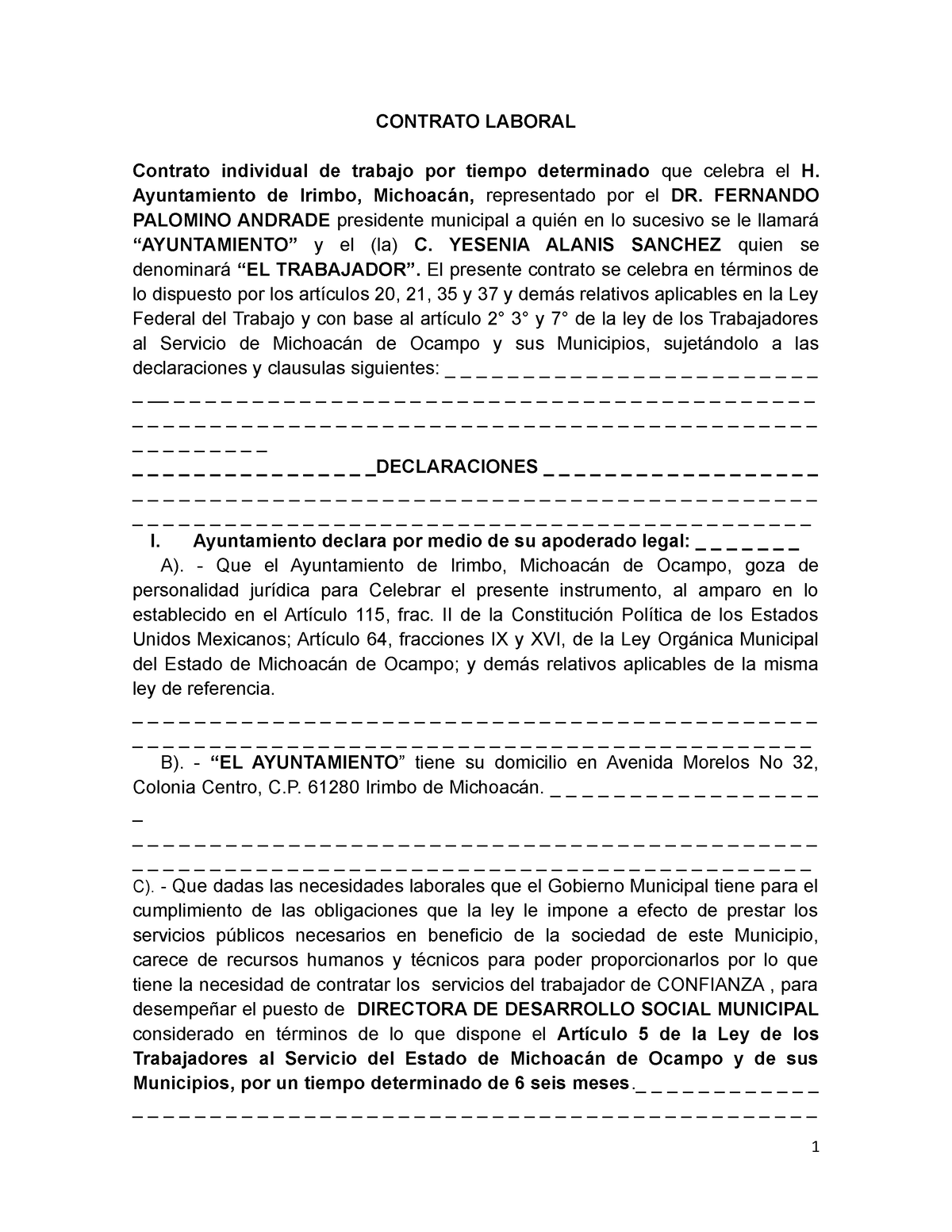 Contrato Laboral Yesenia Alanis Contrato Laboral Contrato Individual De Trabajo Por Tiempo 6849