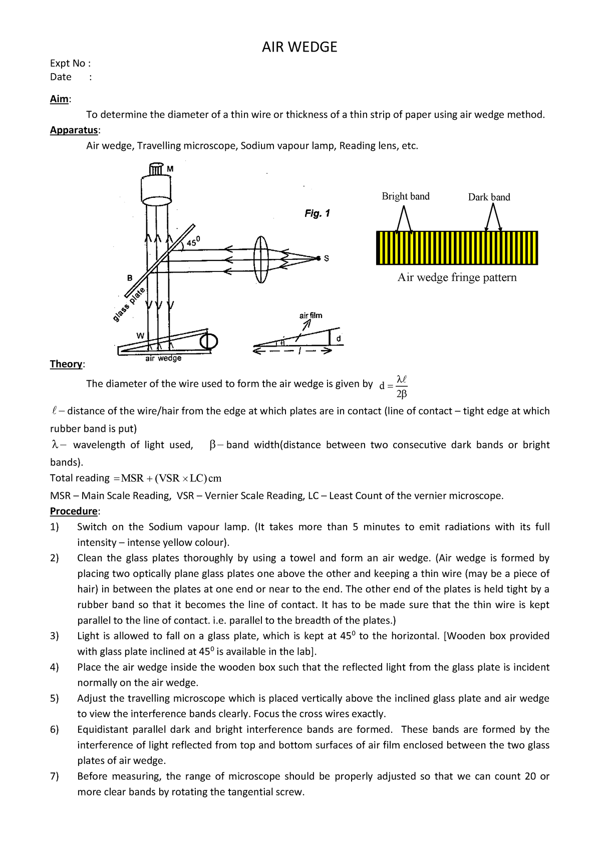 Air wedge - Physics helpful notes - AIR WEDGE Expt No : Date : Aim : To  determine the diameter of a - Studocu