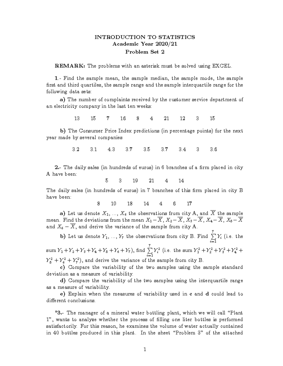 Problemsunit 2 - EJERCICIO - INTRODUCTION TO STATISTICS Academic Year ...