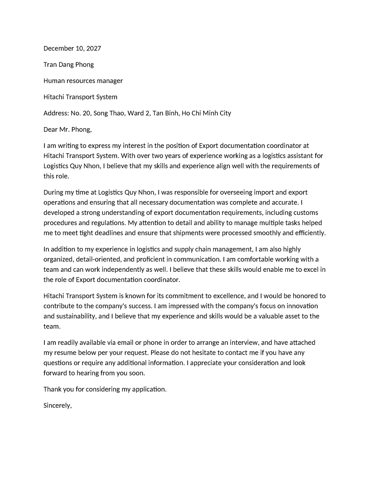 Cover Letter - vssd - December 10, 2027 Tran Dang Phong Human resources ...