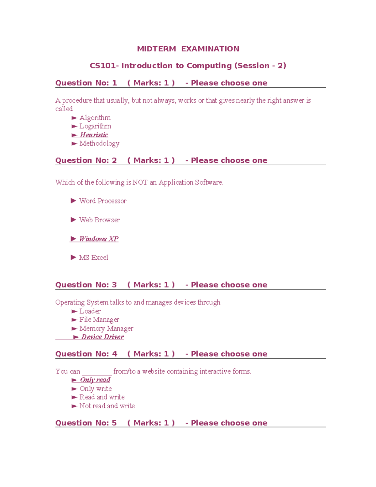 CS101 Midterm Solved Paper - MIDTERM EXAMINATION CS101- Introduction To ...