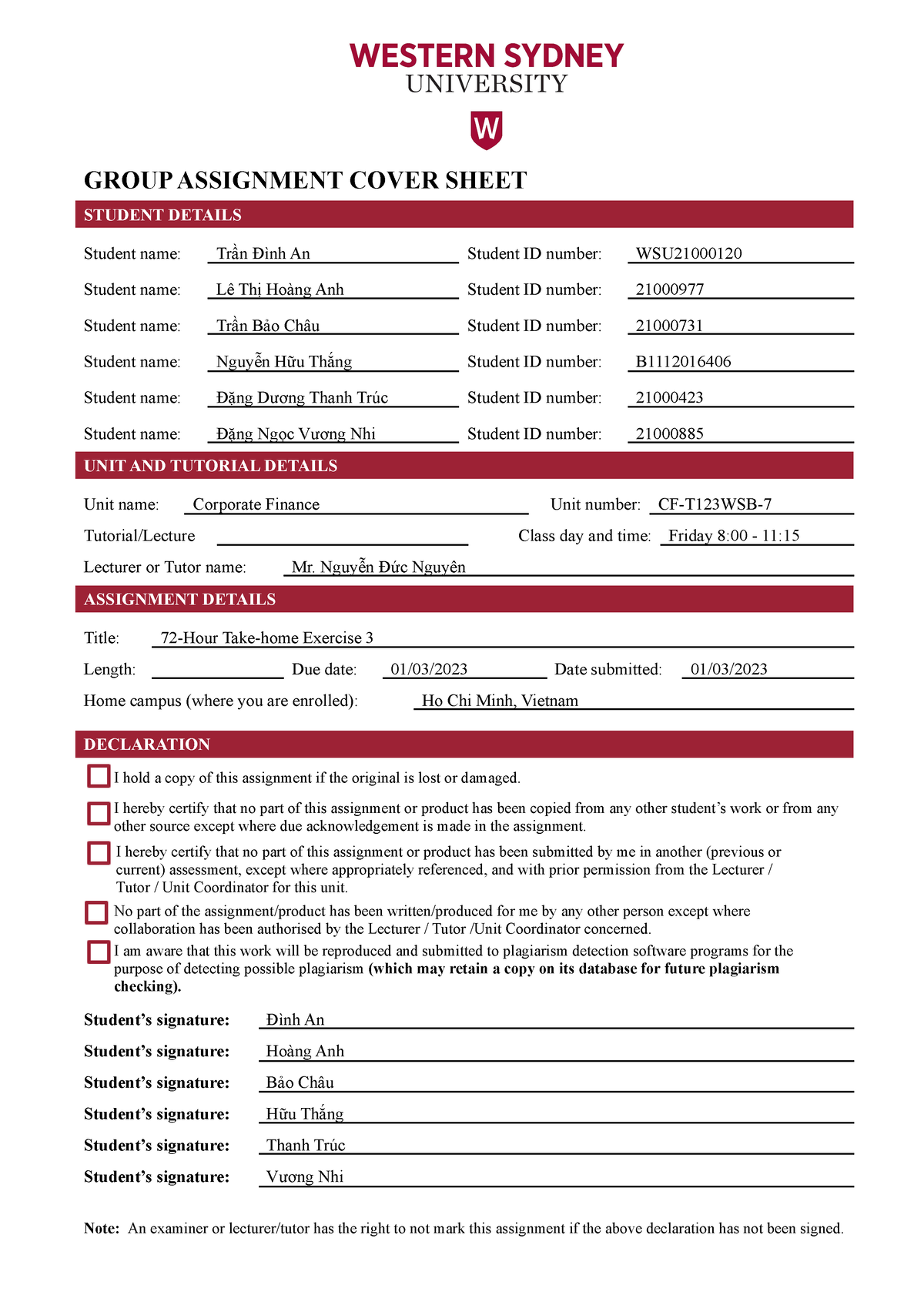 group assignment cover sheet wsu