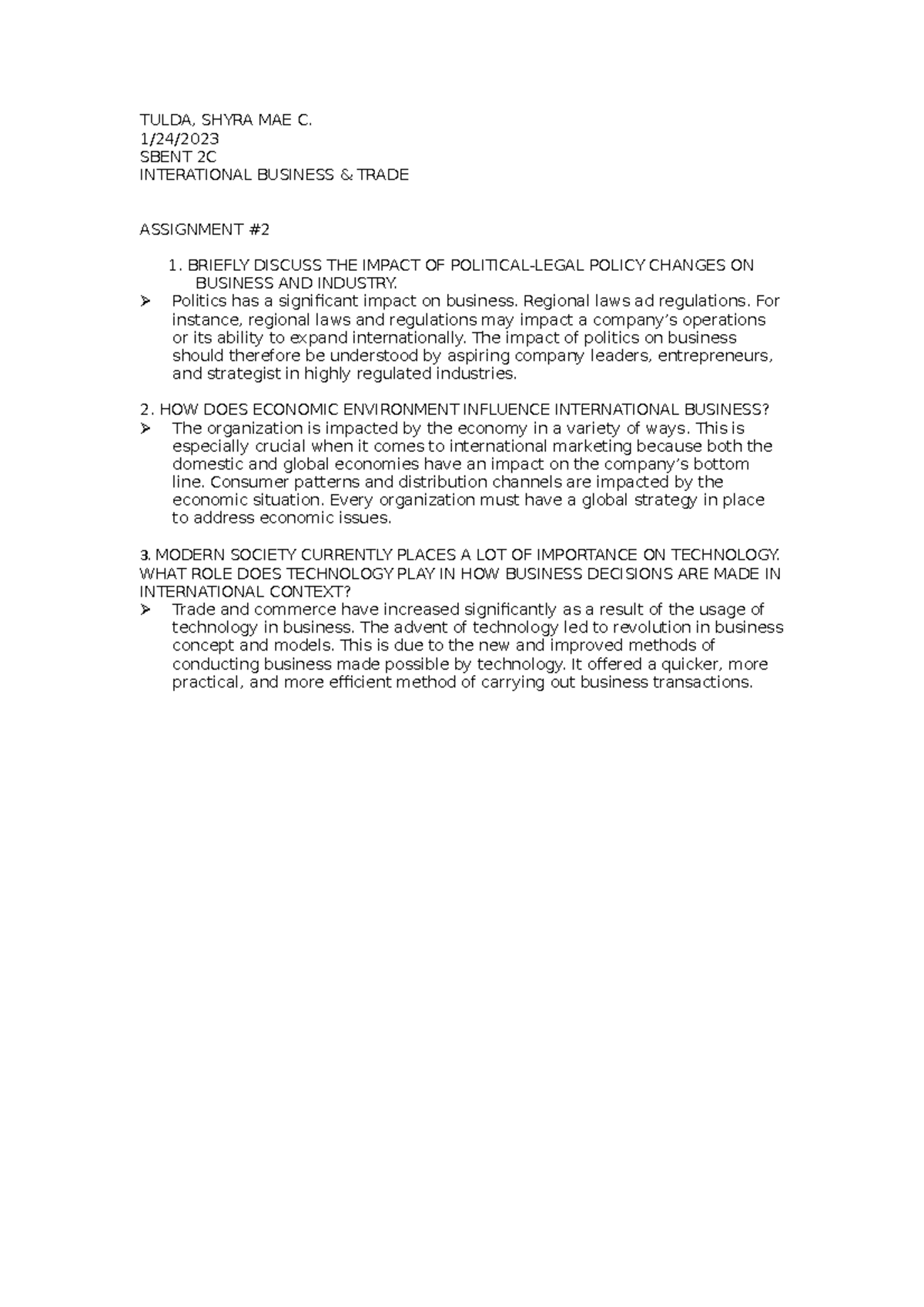 International Business AND Trade Assignment 2 - TULDA, SHYRA MAE C. 1 ...
