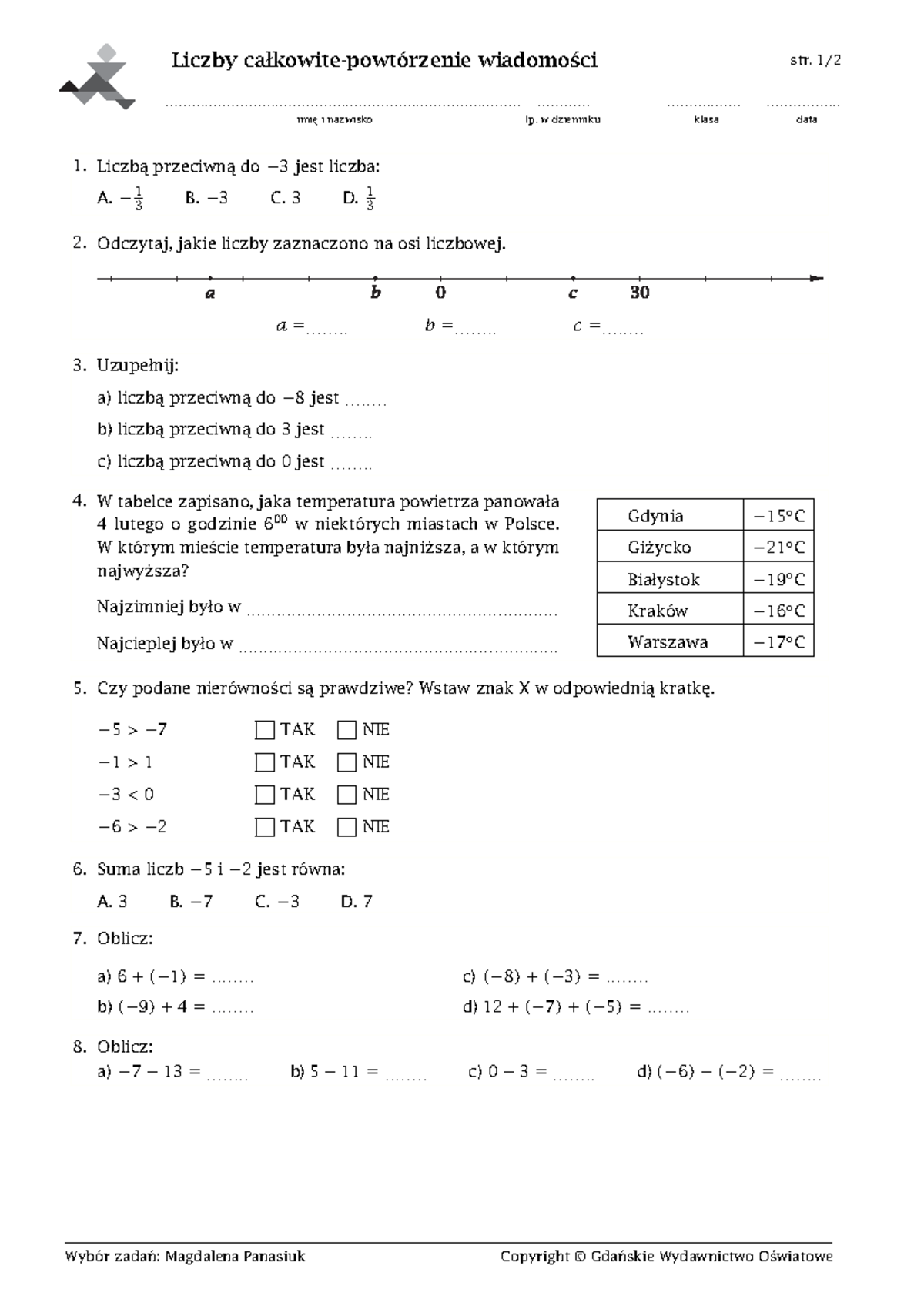 Liczby I Działania Kl 5 Sprawdzian www.studocu.com