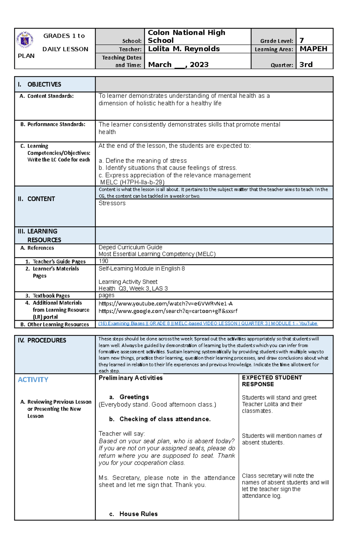 CO2 detailed Lesson Plan Health 7 Q3 Stressors among students GRADES 1 to 12 DAILY LESSON