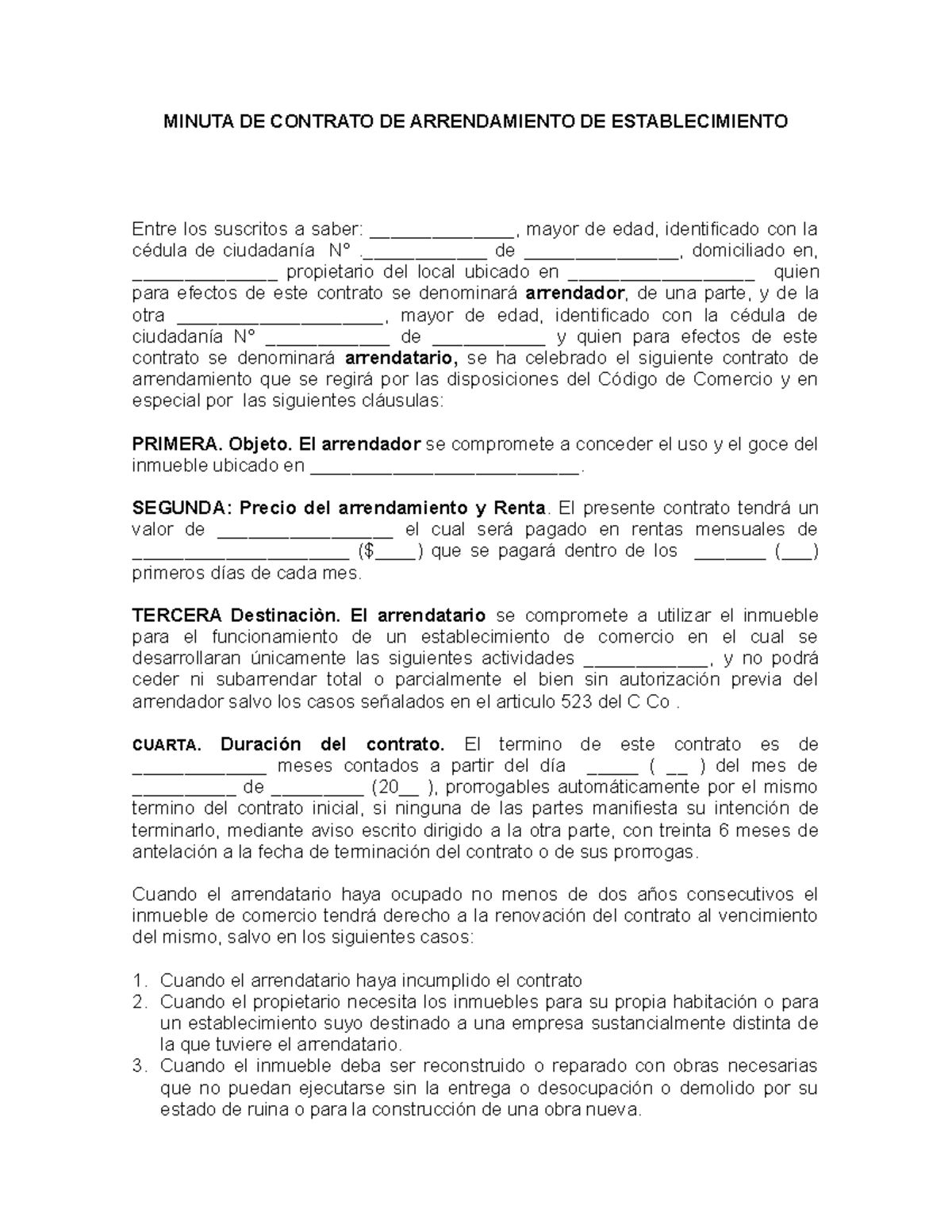 Contrato Arrendamiento Local Comercial MINUTA - MINUTA DE CONTRATO DE ...