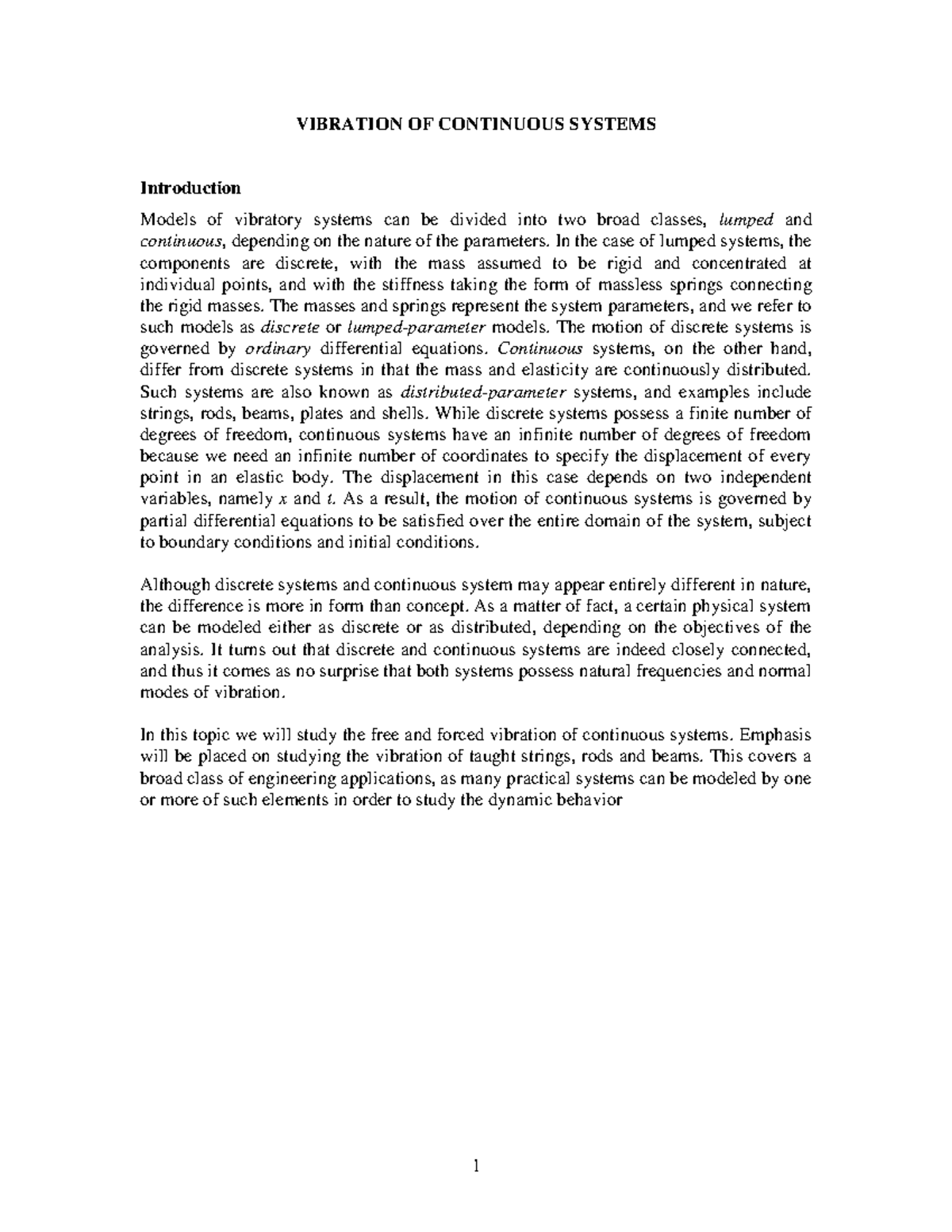 Continuous Systems Fall 2010 - VIBRATION OF CONTINUOUS SYSTEMS ...