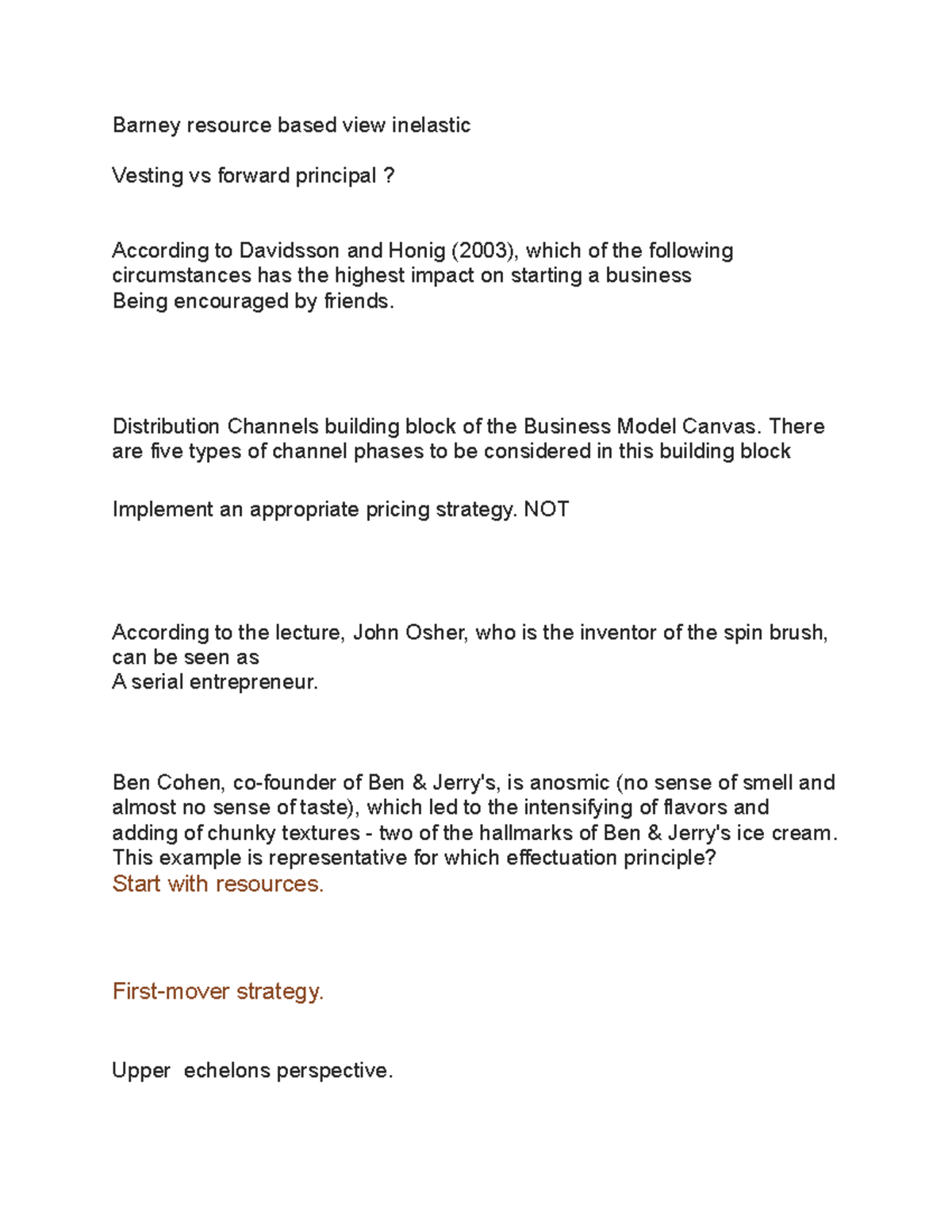 entrepreneurship important notes - Barney resource based view inelastic ...