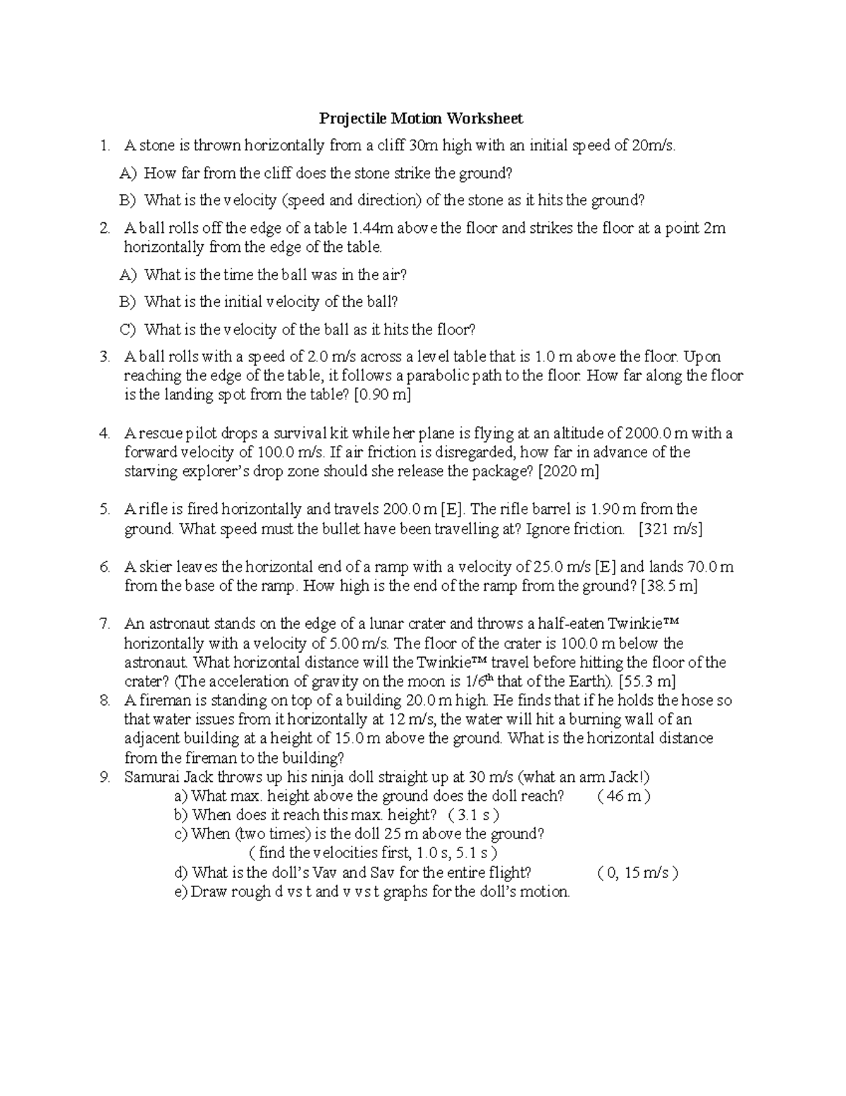 Projectile motion worksheet caddy 14 - Projectile Motion Worksheet A ...