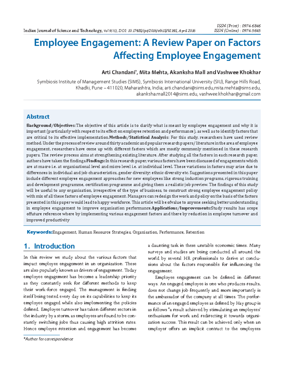 Employee Engagement A Review Paper on Fa - Abstract Background ...