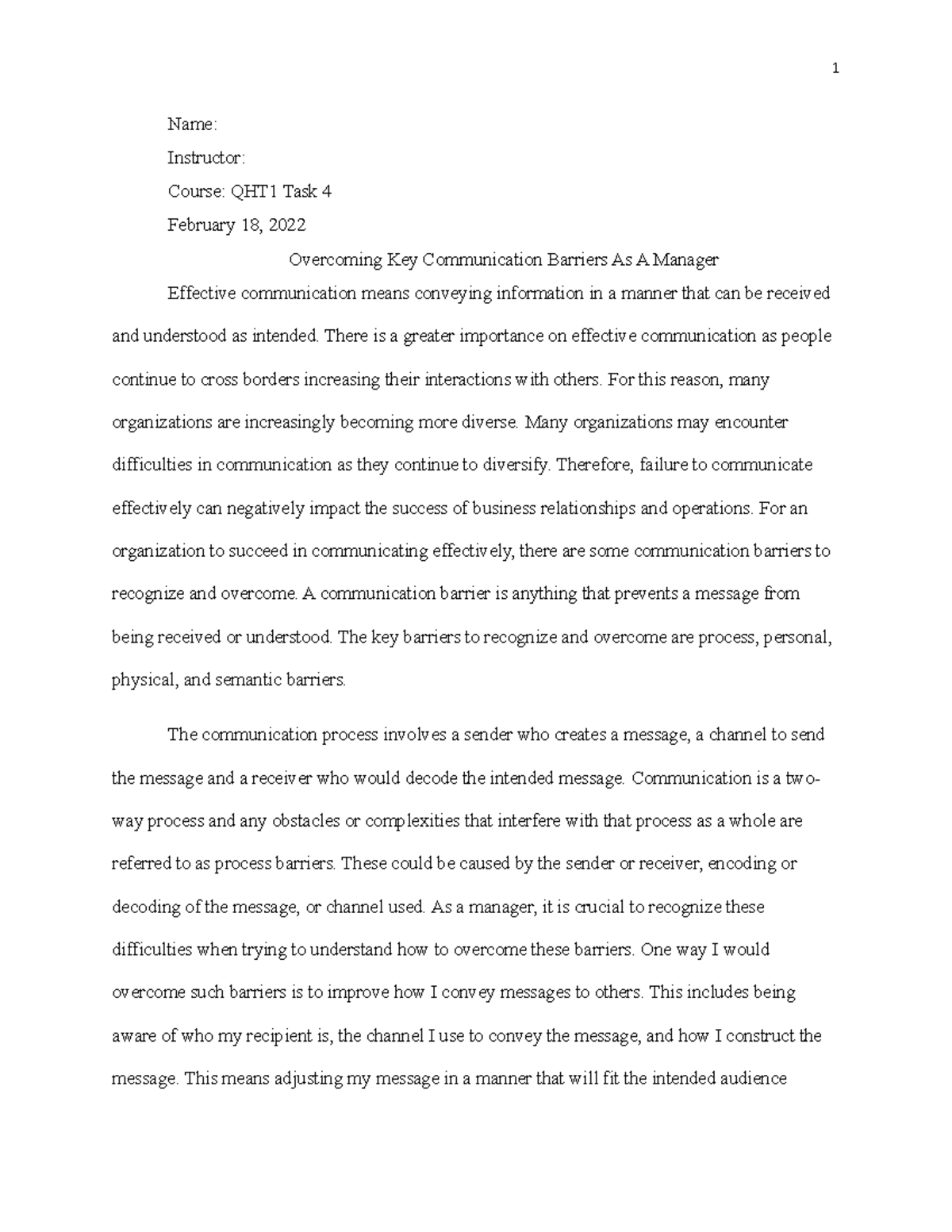 QHT1 Task 4 - Passed - 1 Name: Instructor: Course: QHT1 Task 4 February ...