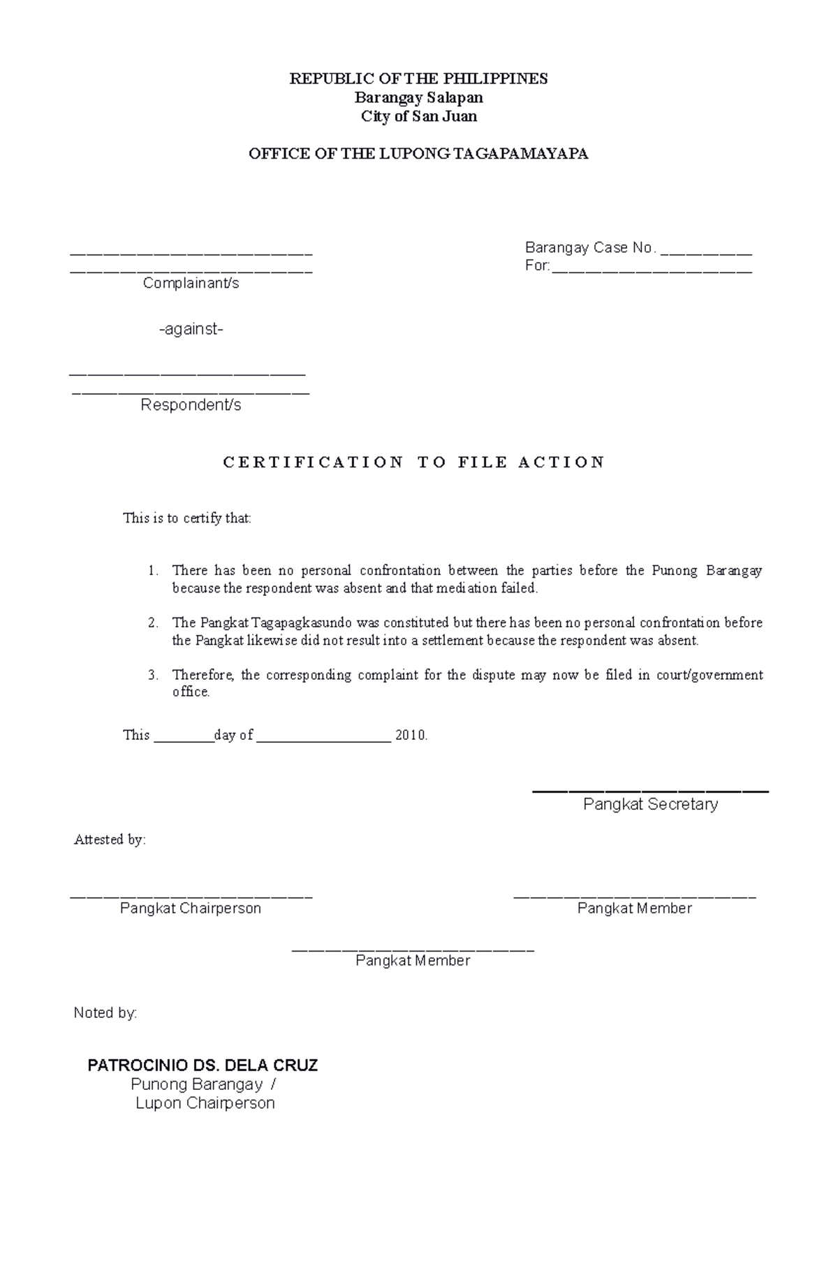 98315996 Certificate to File Action format Barangay Salapan City of