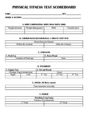 Physical Fitness TEST FORM - PHYSICAL FITNESS TEST FORM NAME: - Studocu