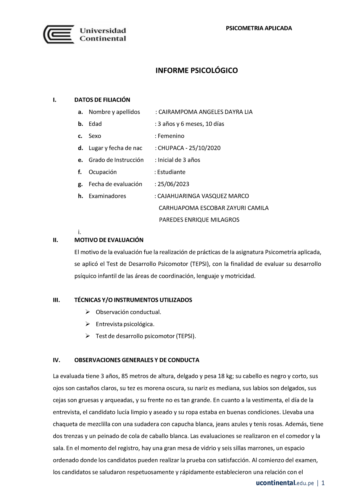 Guia De Trabajo N° 14 (1) Tepsi - INFORME PSICOL”GICO I. DATOS DE ...