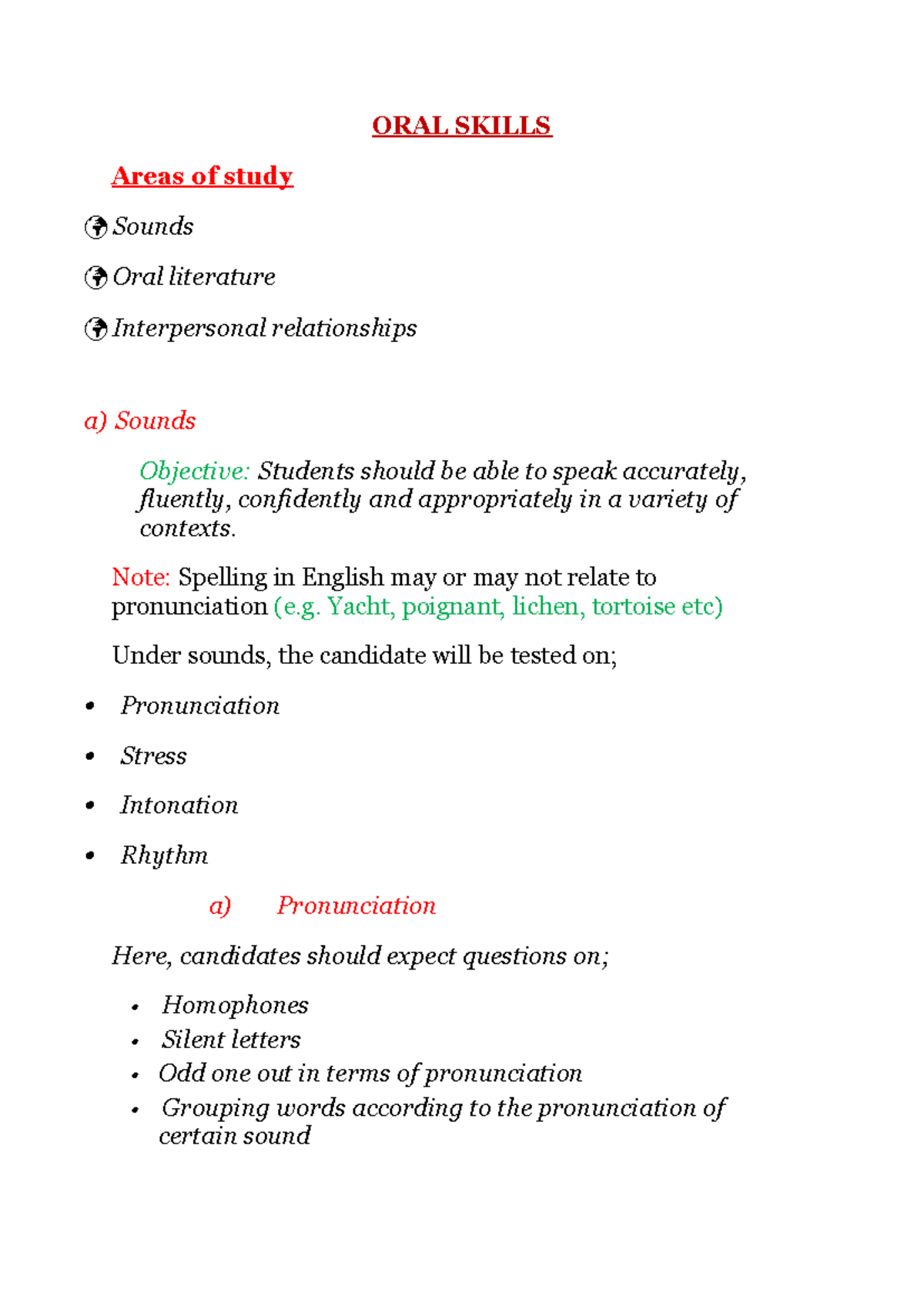 ORAL Skills guide - ORAL SKILLS Areas of study Sounds Oral literature ...