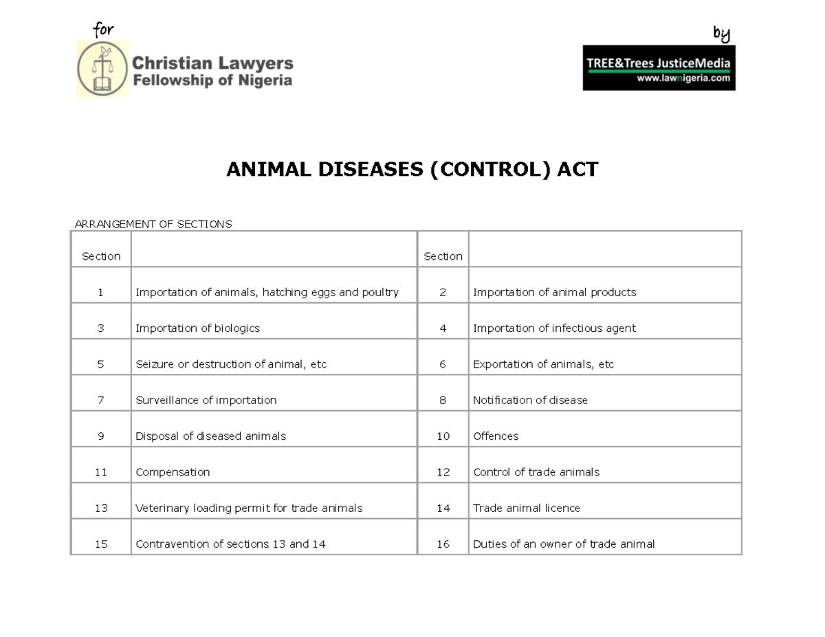 Animal Diseases Control Act ANIMAL DISEASES (CONTROL) ACT ARRANGEMENT