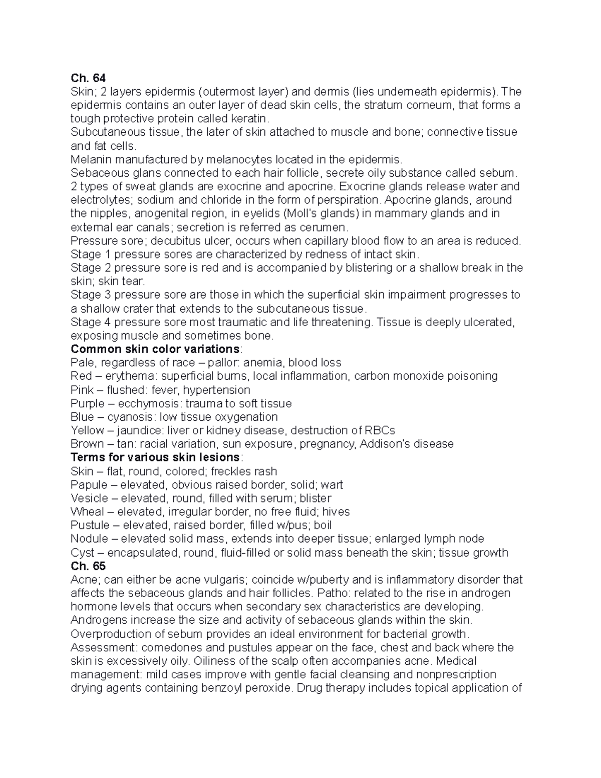 Exam 3 Study Guide - Ch. 64 Skin; 2 Layers Epidermis (outermost Layer ...