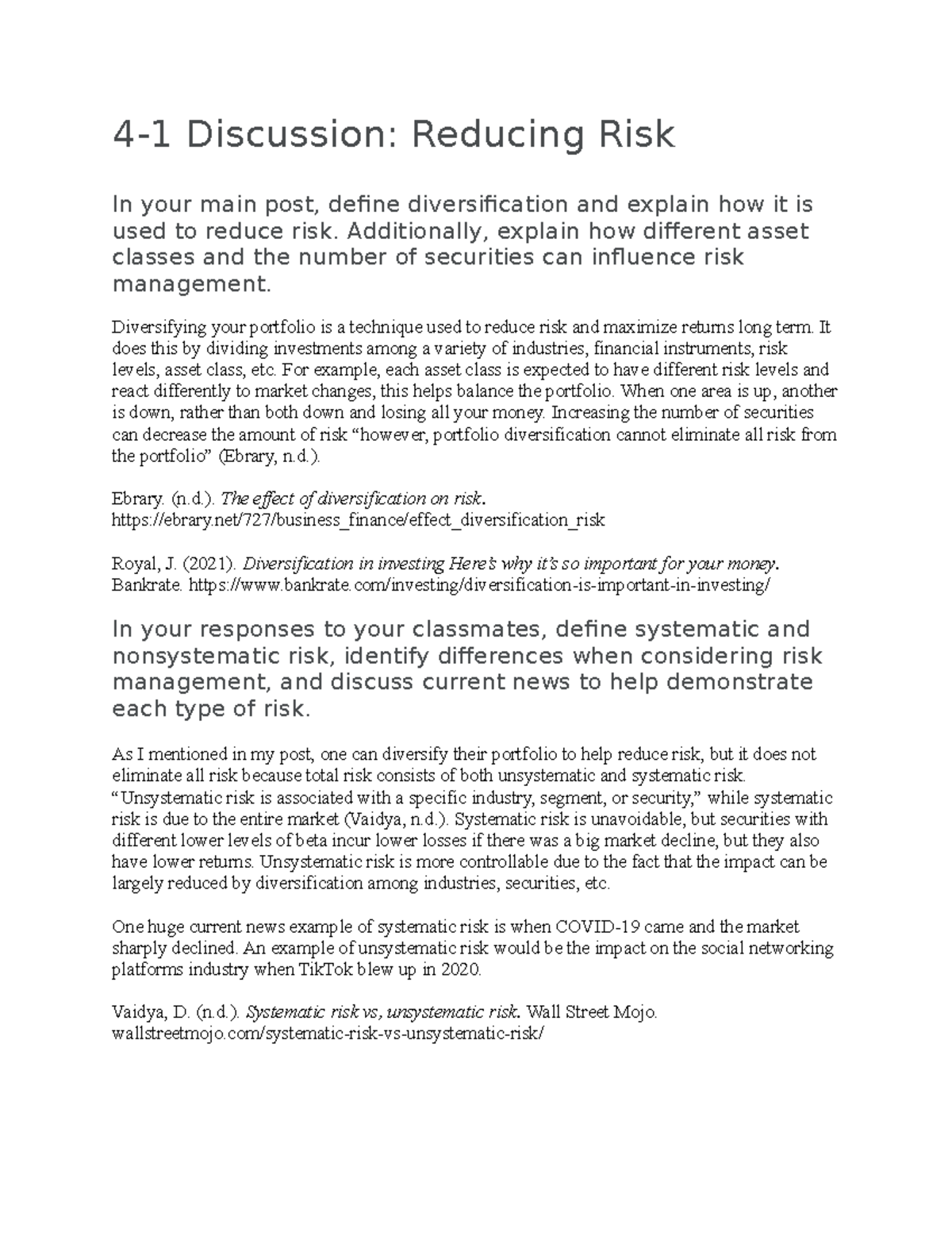 FIN 340 discussion 4-1 - 4-1 Discussion: Reducing Risk In your main ...