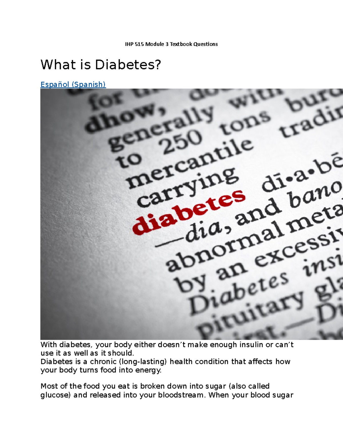 Doc1 - WORKSHEET - IHP 515 Module 3 Textbook Questions What is Diabetes ...