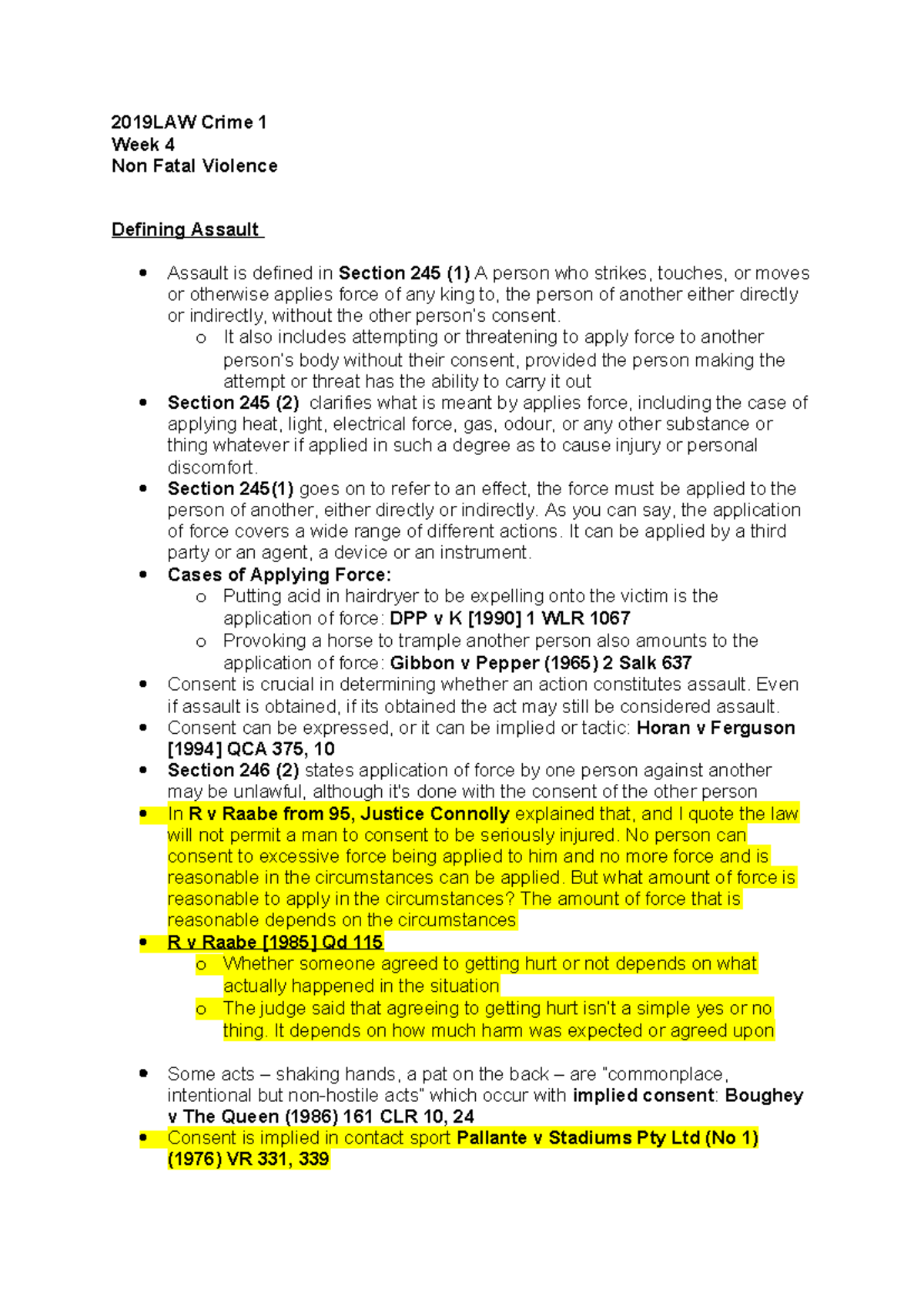 W4 Crime 1 Module Notes - 2019LAW Crime 1 Week 4 Non Fatal Violence ...