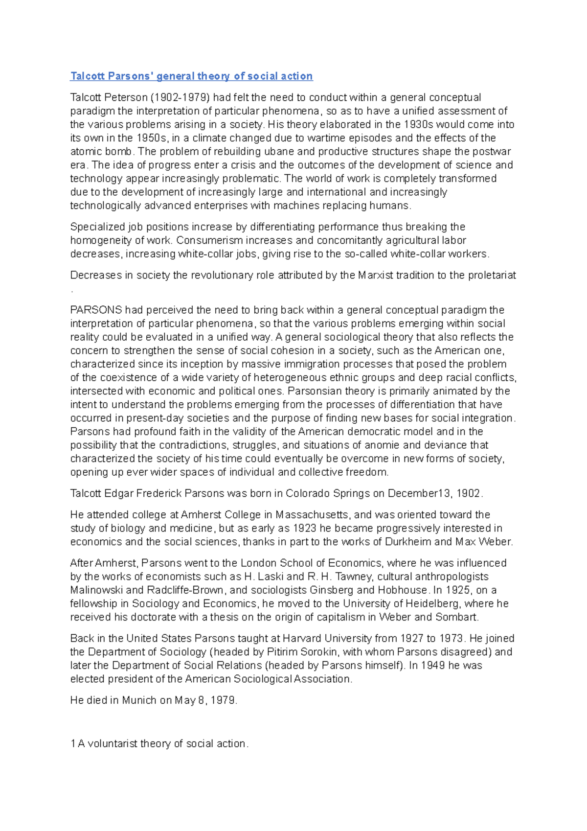 Talcott Parsons' general theory of social action - His theory ...