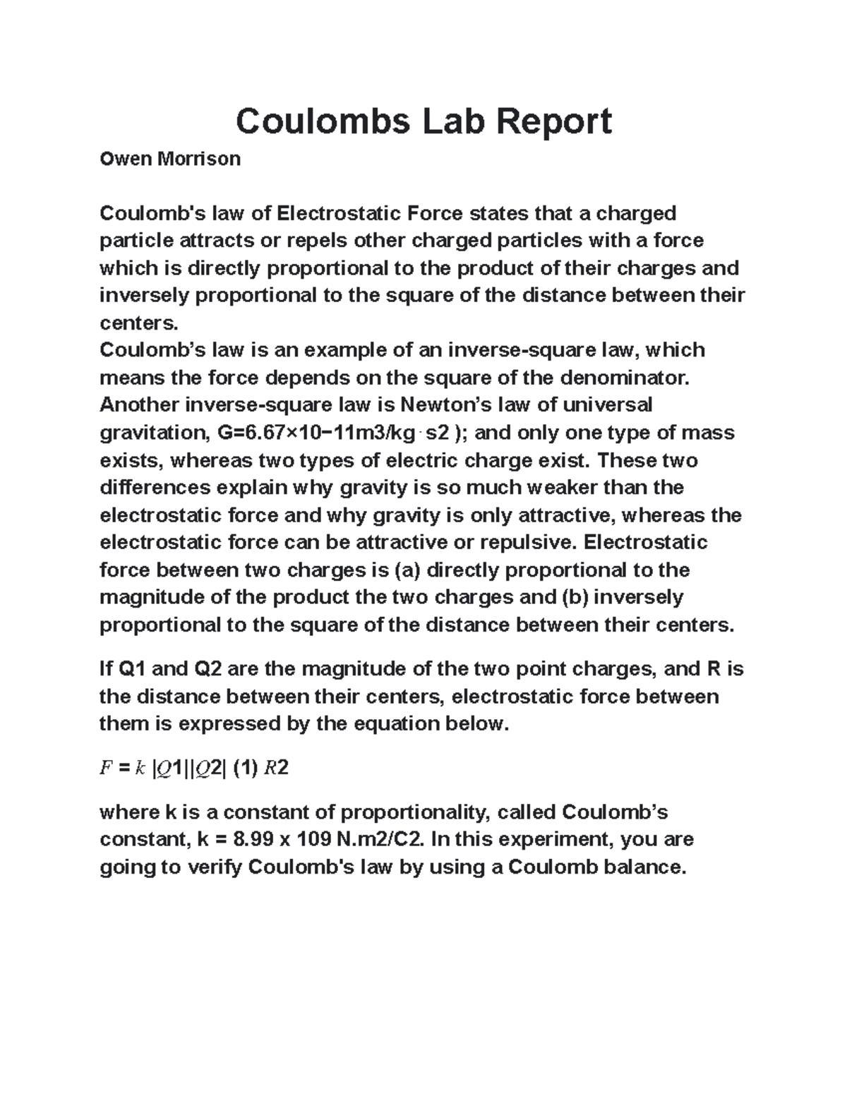 Lab report For Physics college Coulombs Lab Report Owen Morrison