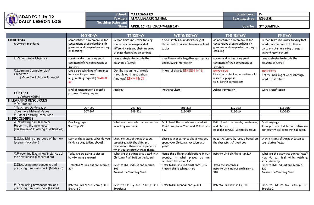 DLL English 4 Q3 W10 - SCHOOL NEEDED - GRADES 1 to 12 DAILY LESSON LOG ...