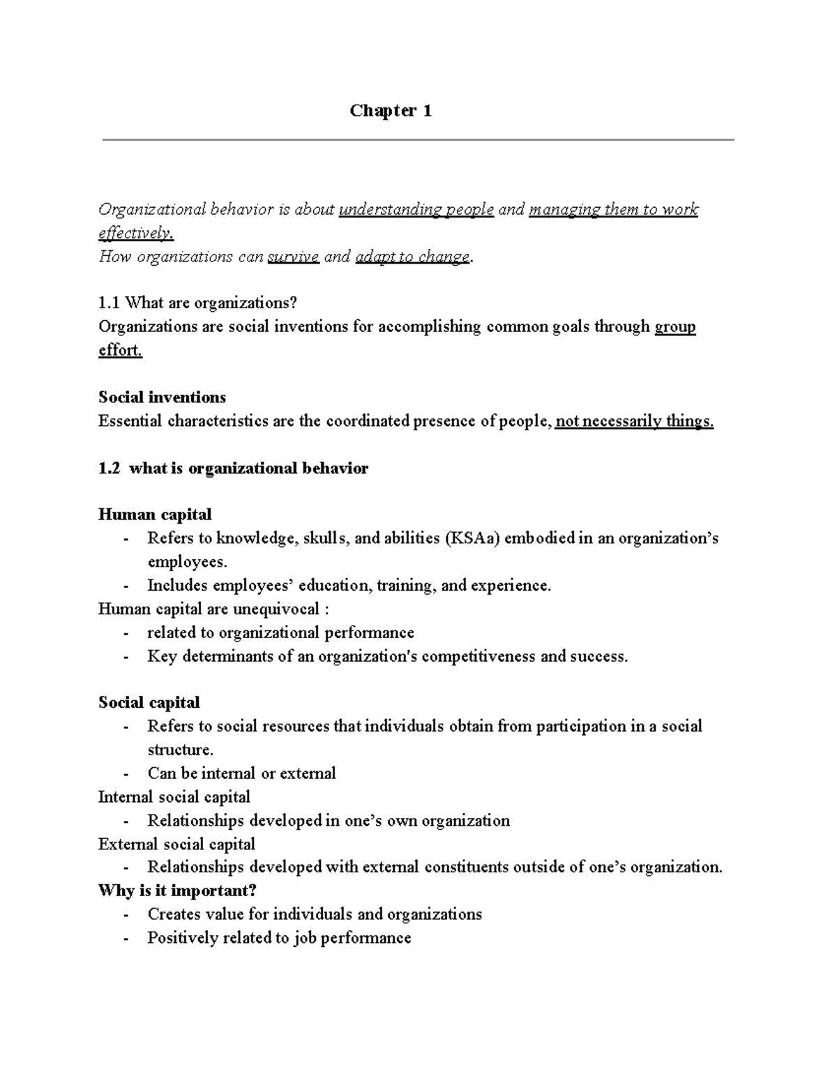 MHR405 Chapter 1-5 Notes - Chapter 1 Organizational behavior is about ...