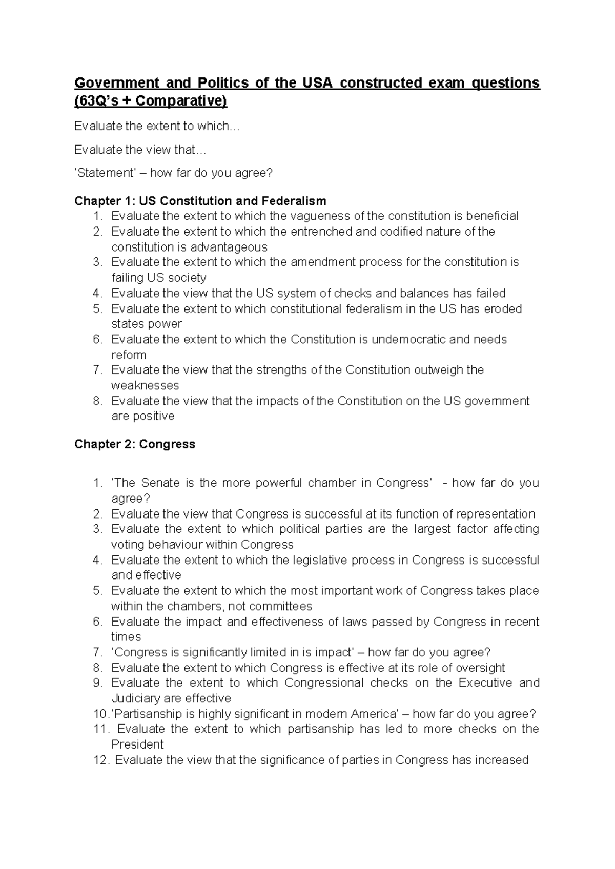 Copy of A2 USA Exam Questions - Government and Politics of the USA ...