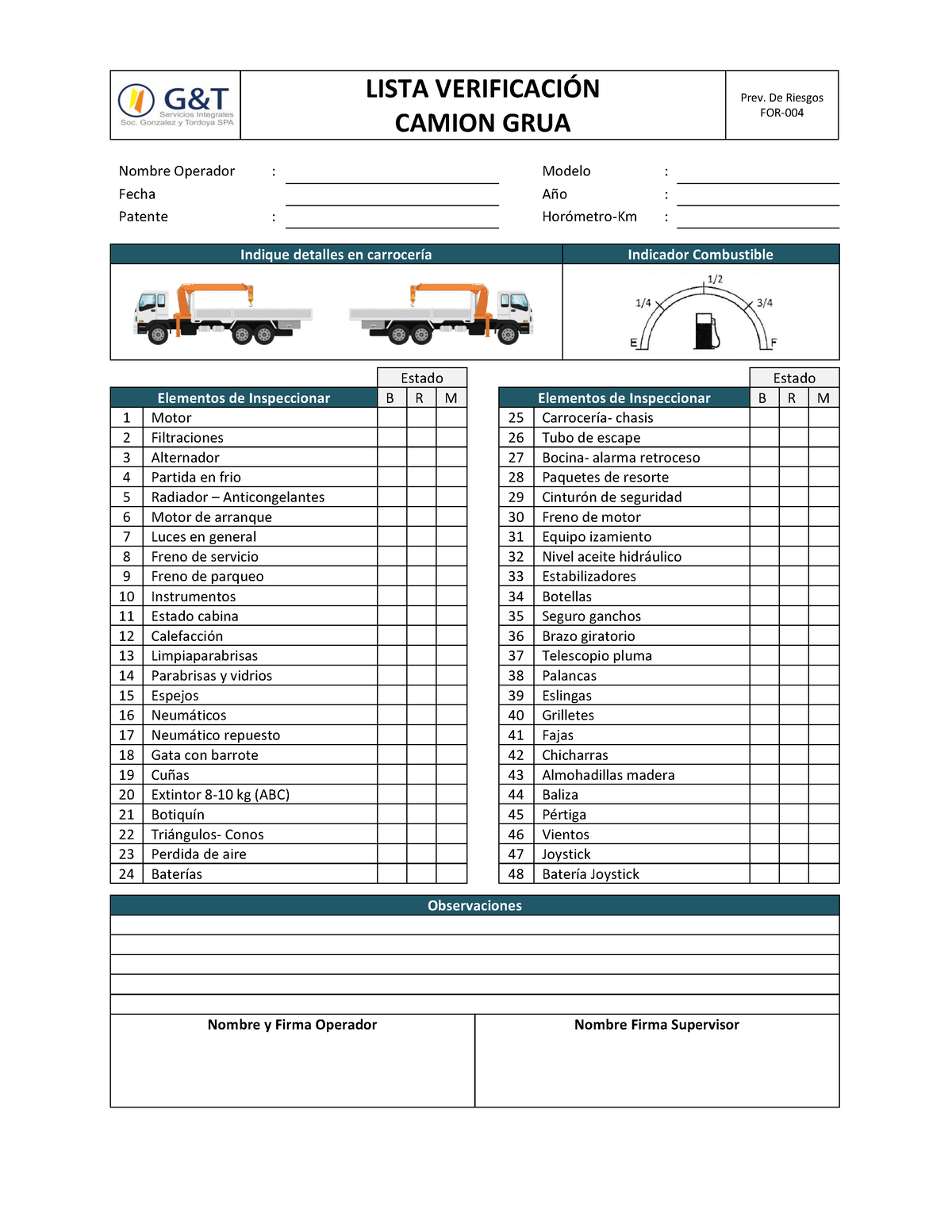 FOR-004 Check list camión pluma - LISTA VERIFICACIÓN CAMION GRUA Prev