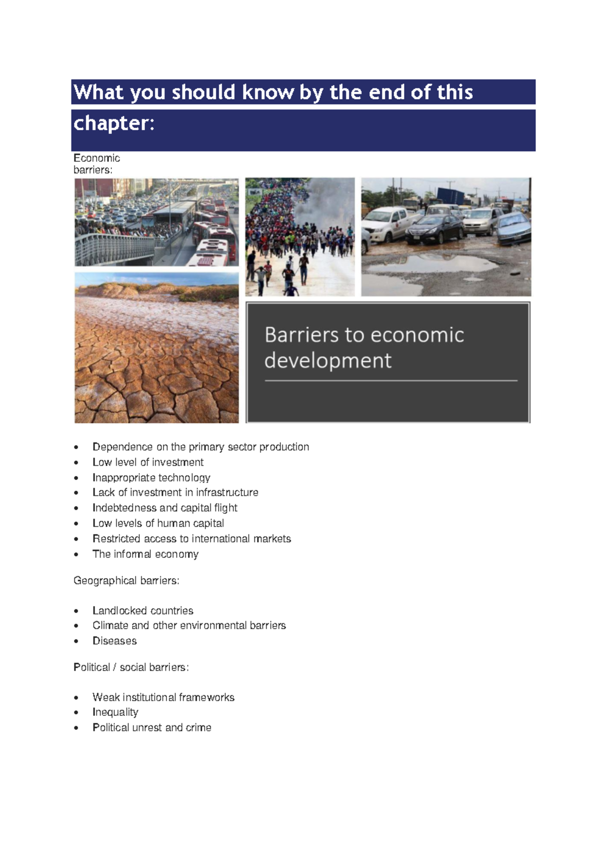 7 Barriers to Economic development What you should know by the end of this chapter Economic