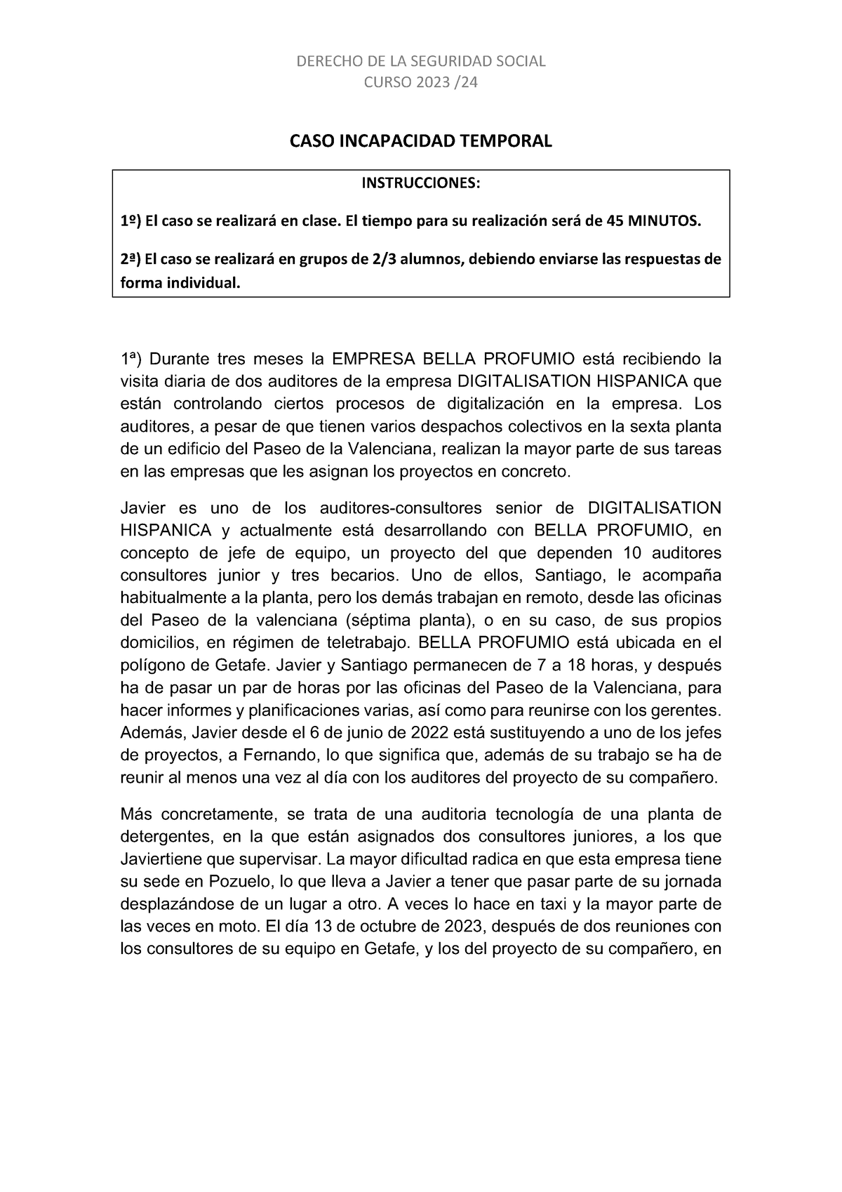 CASO Incapacidad Temporal SS 2023 2024 DERECHO DE LA SEGURIDAD SOCIAL