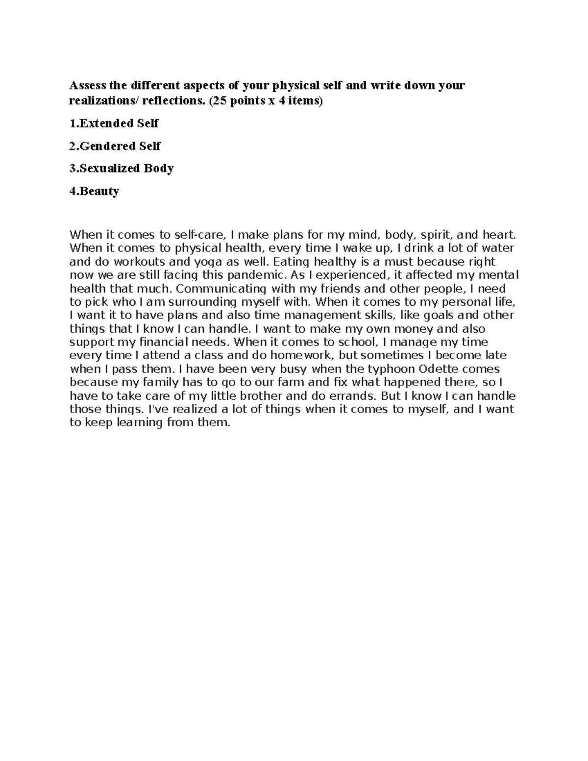 Assess the different aspects of your physical self and write down your ...