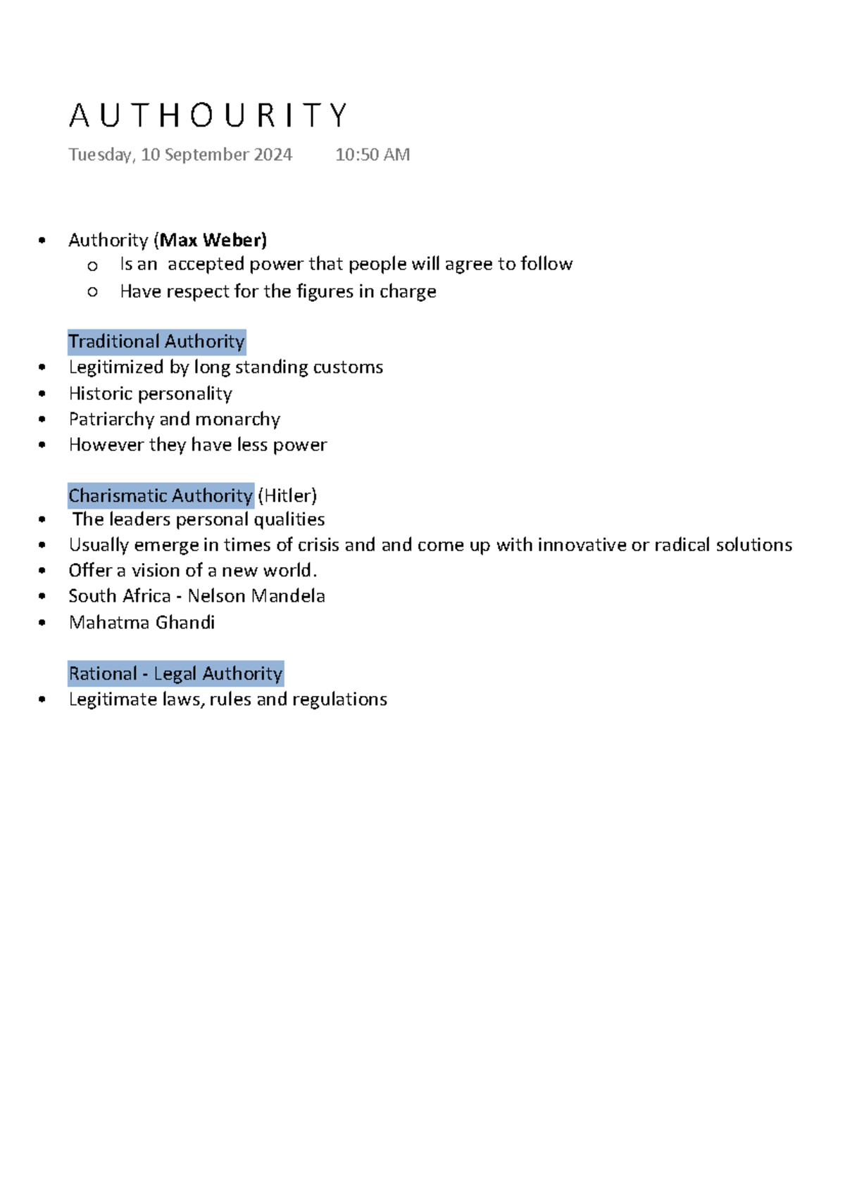A U T H O U R I T Y - notes - Authority (Max Weber) Is an accepted ...