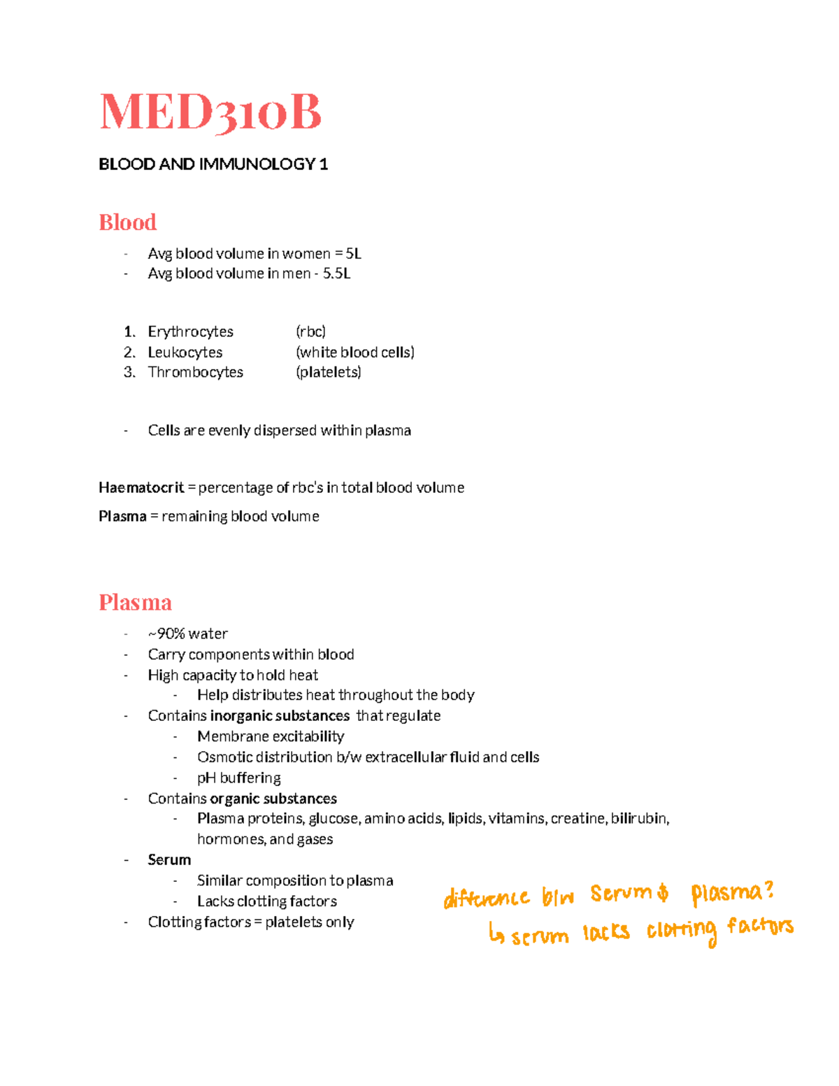 Med B midterm 2 notes - MED310B BLOOD AND IMMUNOLOGY 1 Blood - Avg ...